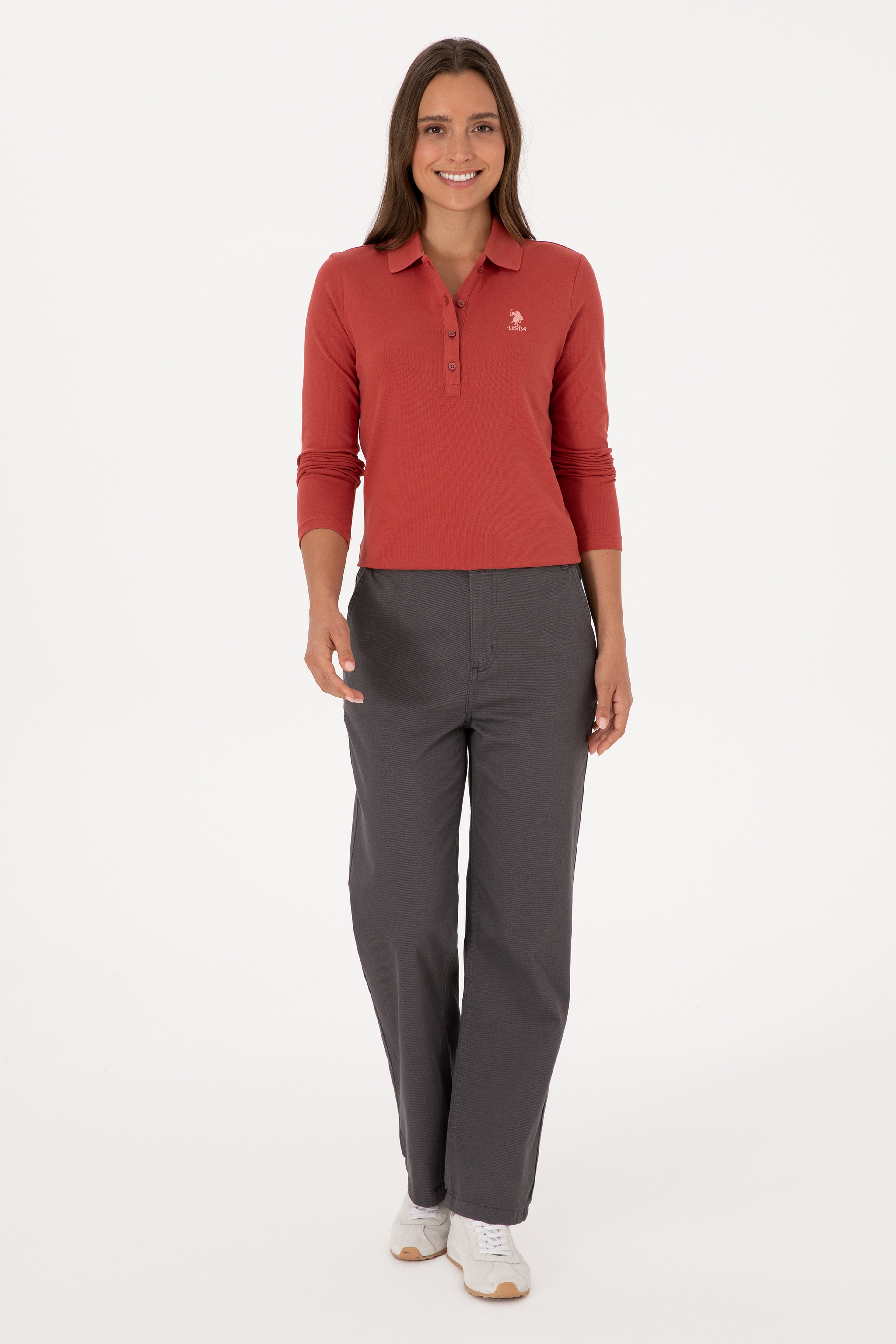 Kadın Kiremit Basic Polo Yaka Sweatshırt - Image 4
