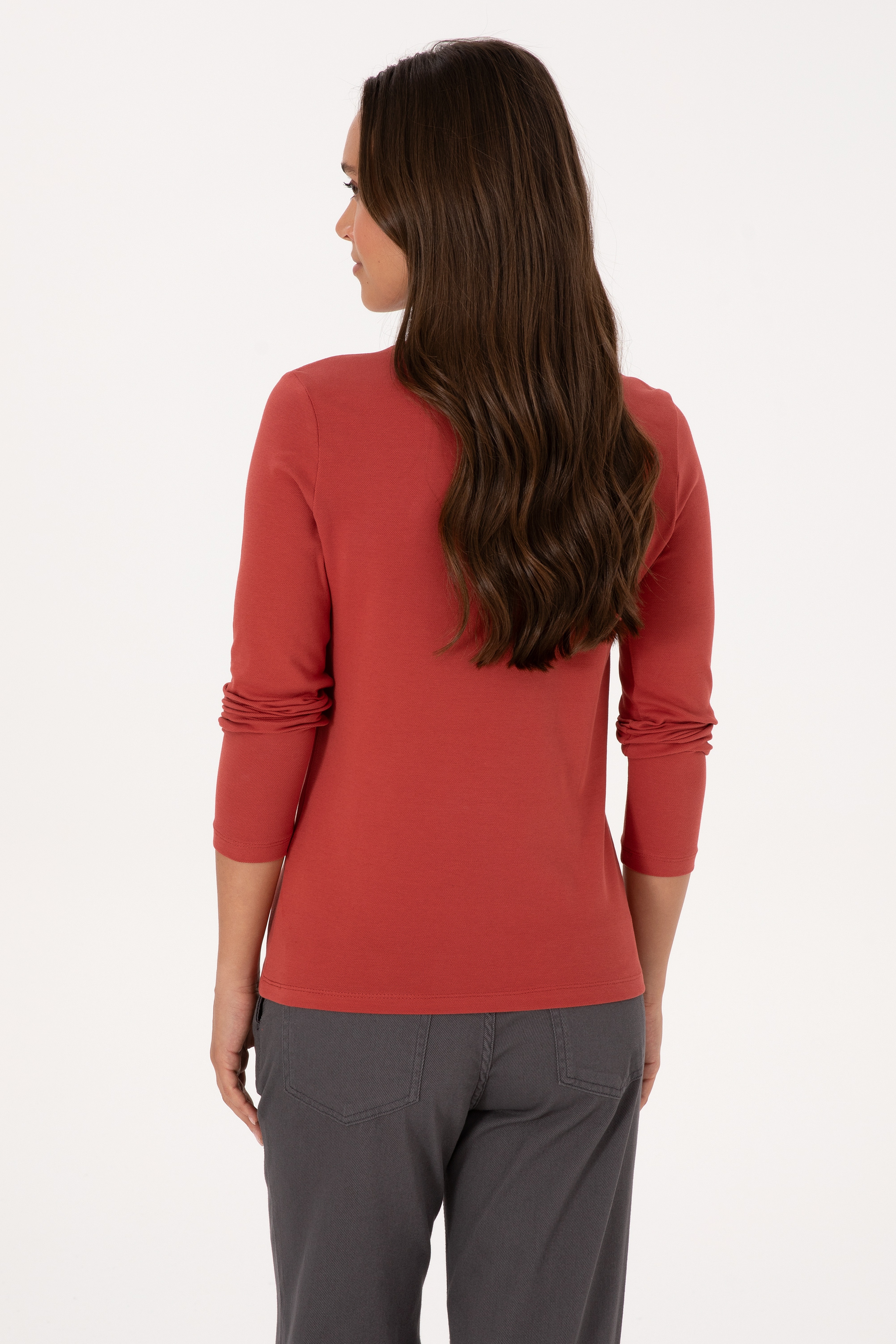 Kadın Kiremit Basic Polo Yaka Sweatshırt - Image 5