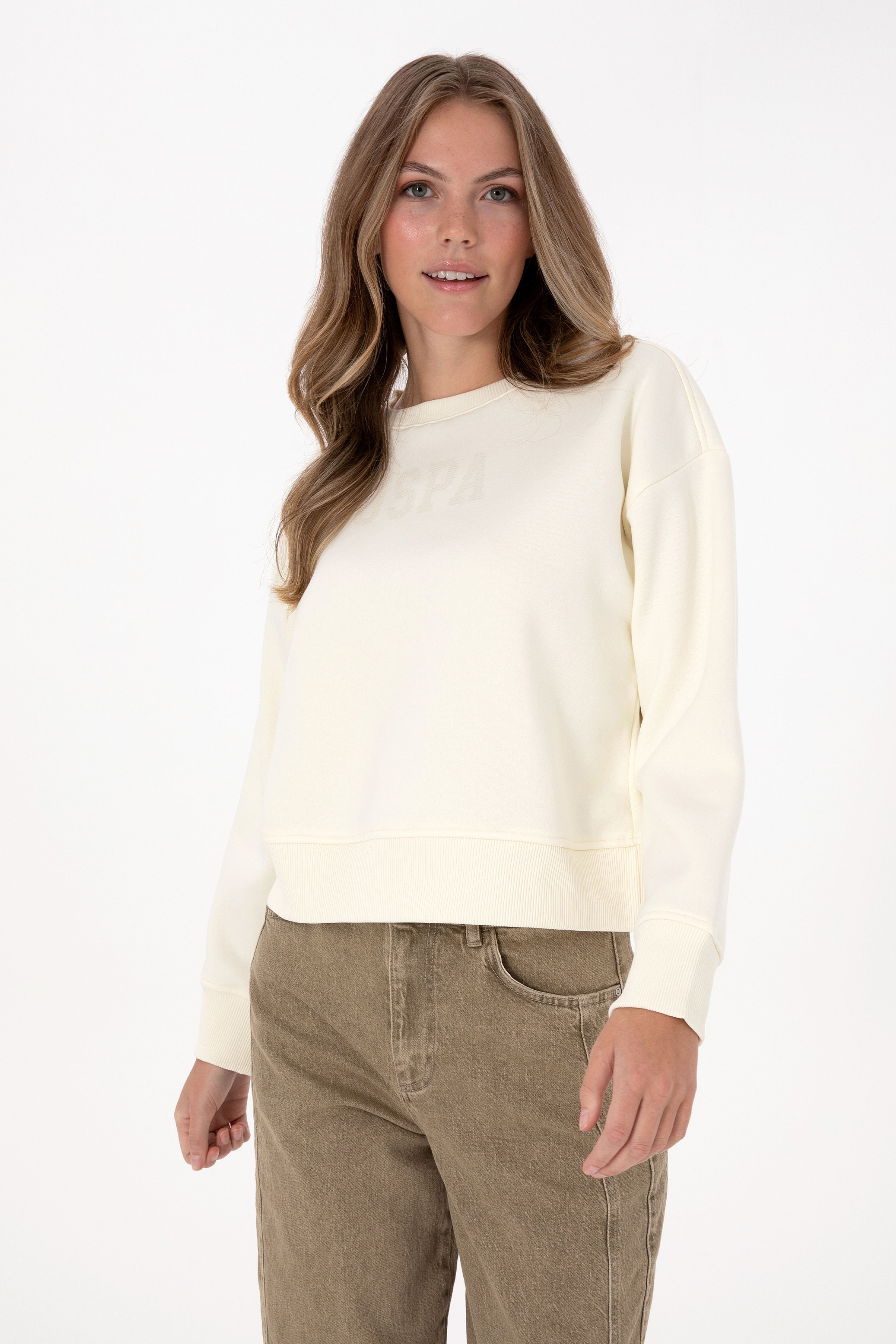 Kadın Krem Bisiklet Yaka Basic Sweatshirt