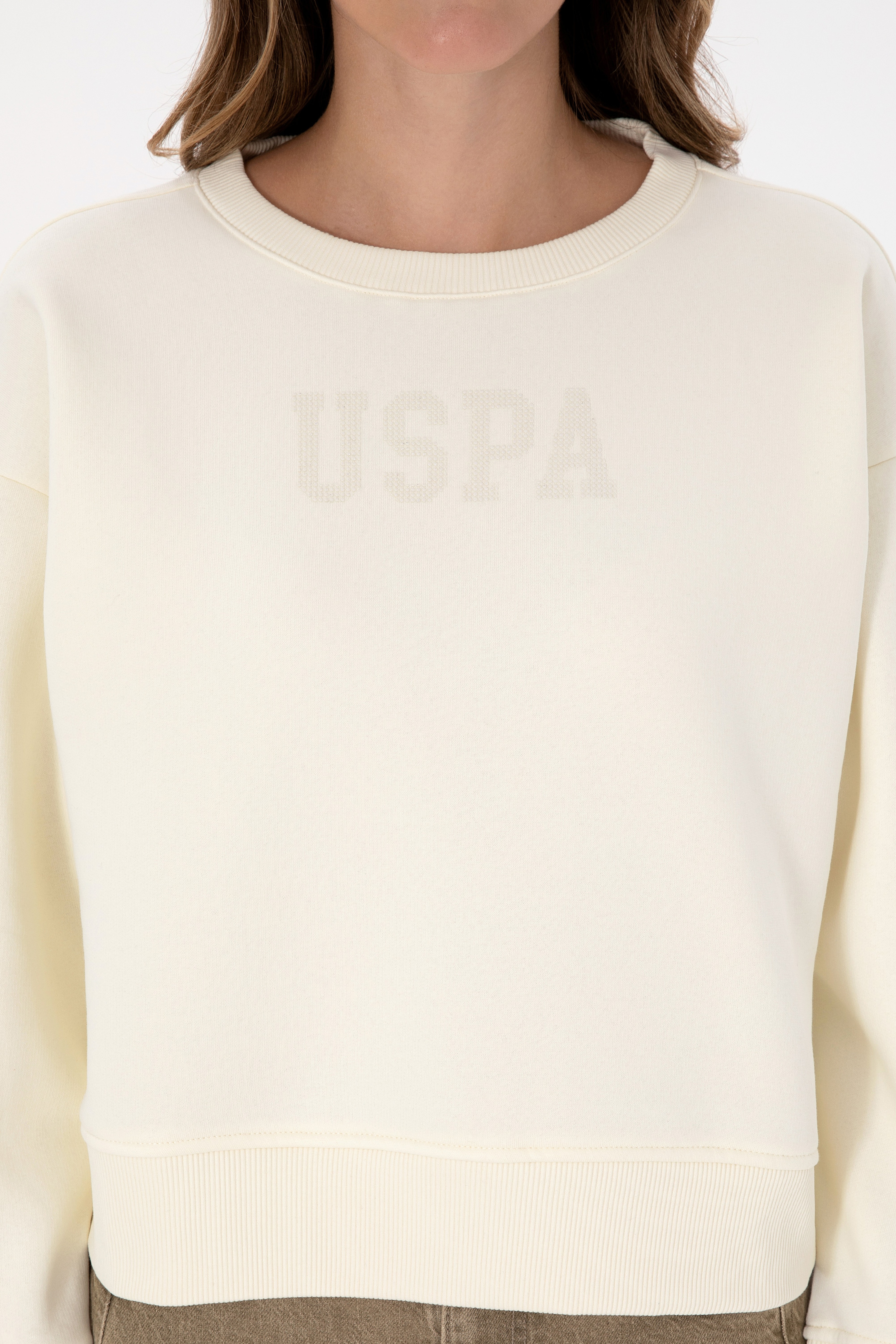 Kadın Krem Bisiklet Yaka Basic Sweatshirt