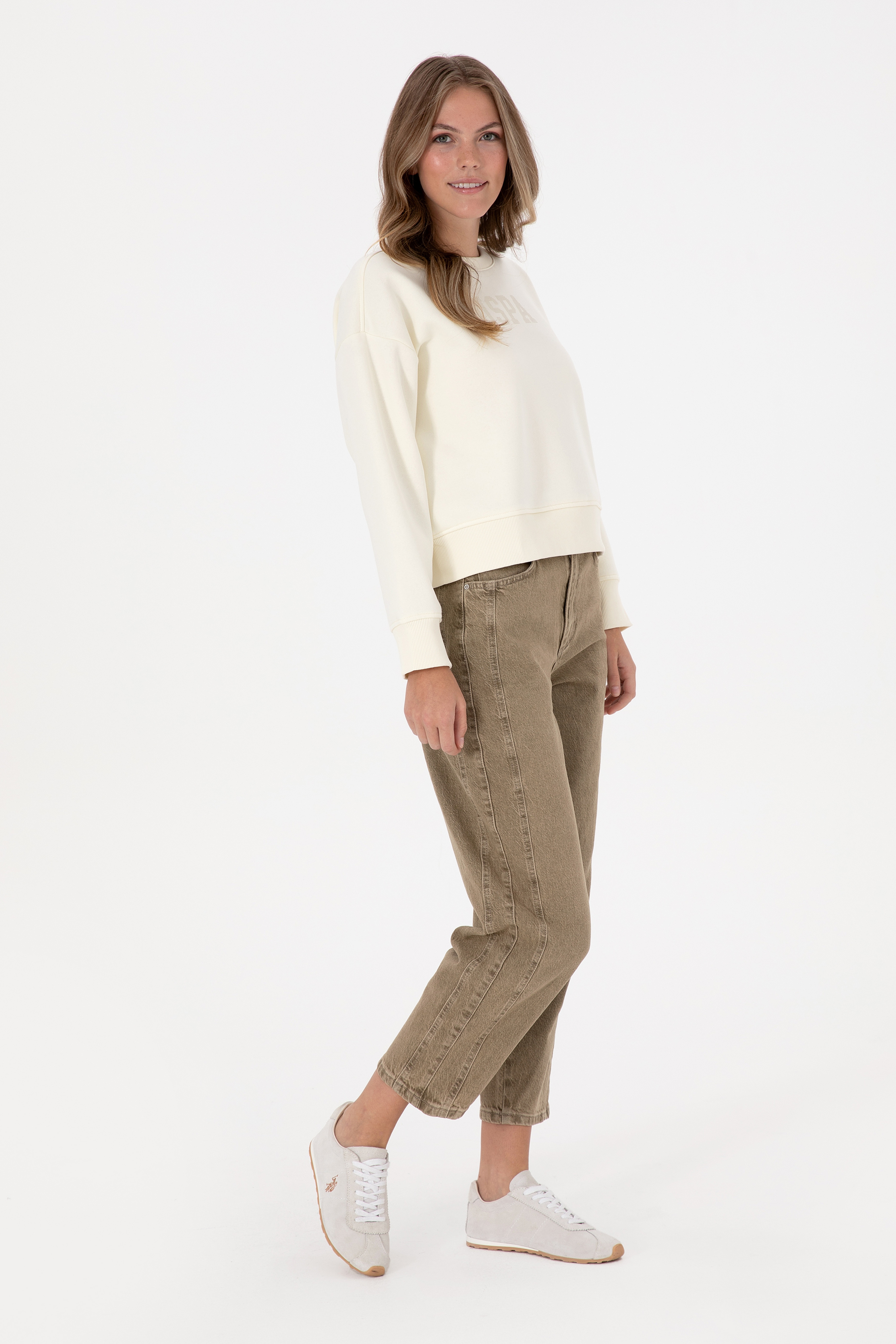 Kadın Krem Bisiklet Yaka Basic Sweatshirt - Image 4