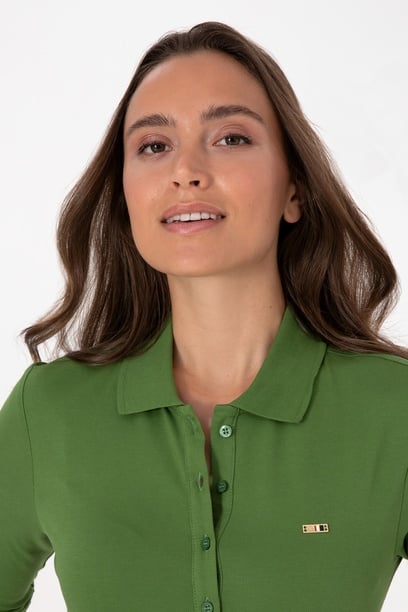 Kadın Yeşil Basic Polo Yaka Sweatshırt