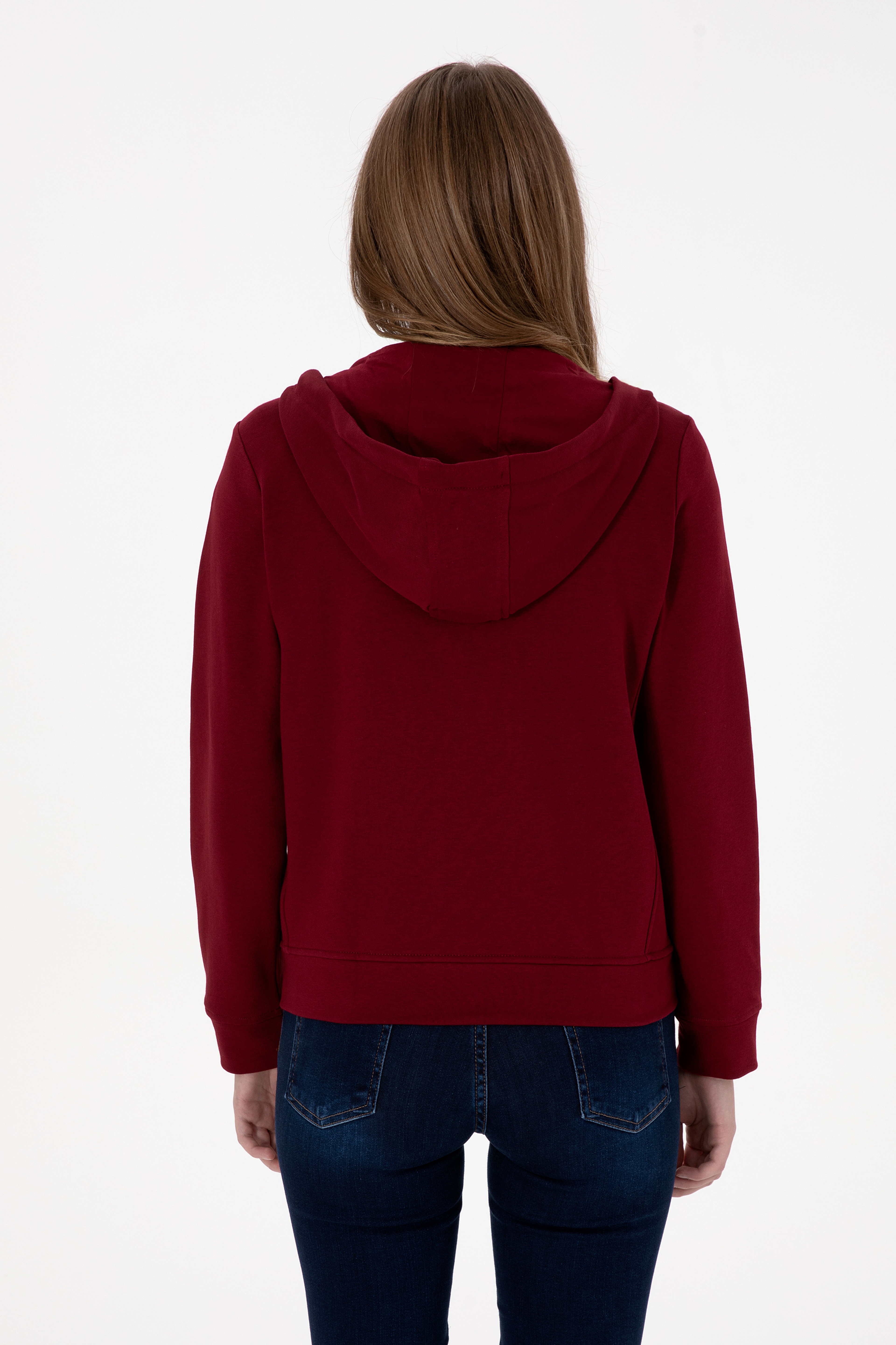Kadın Bordo Fermuarlı Kapüşonlu Basic Sweatshirt