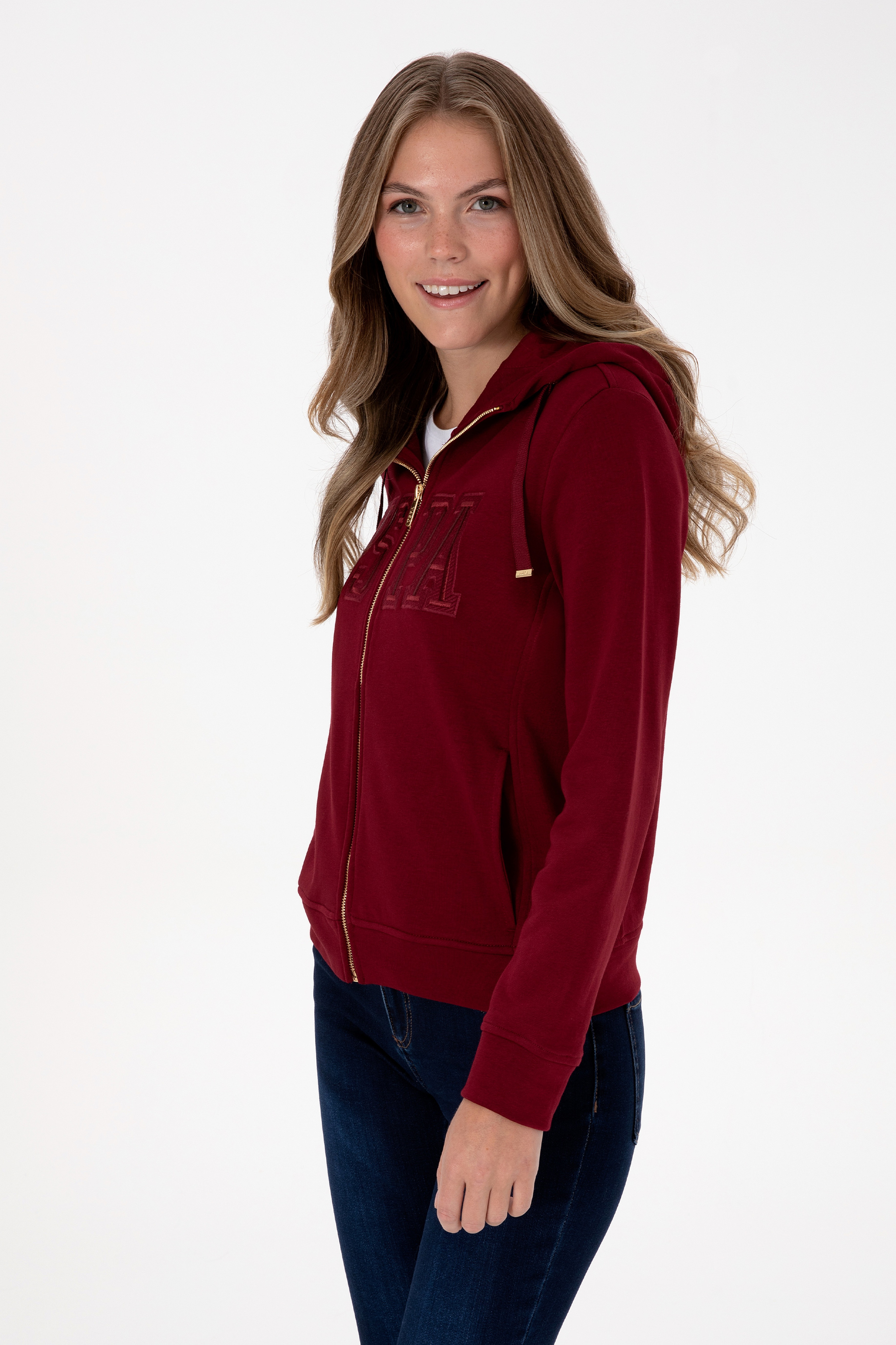 Kadın Bordo Fermuarlı Kapüşonlu Basic Sweatshirt - Image 3