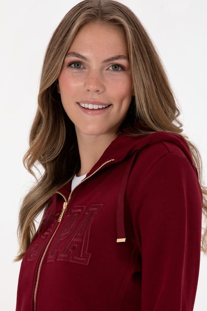 Kadın Bordo Fermuarlı Kapüşonlu Basic Sweatshirt