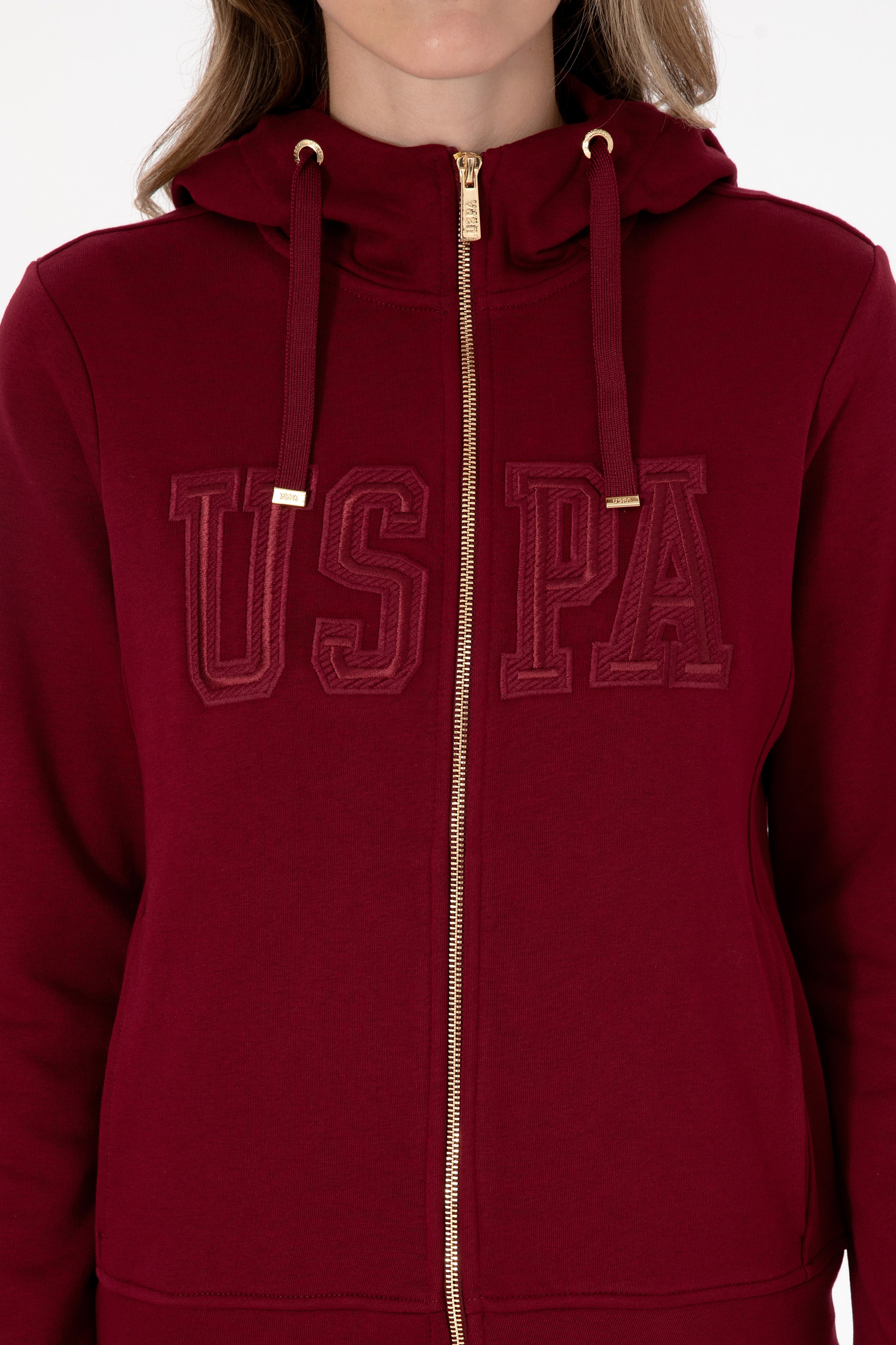 Kadın Bordo Fermuarlı Kapüşonlu Basic Sweatshirt