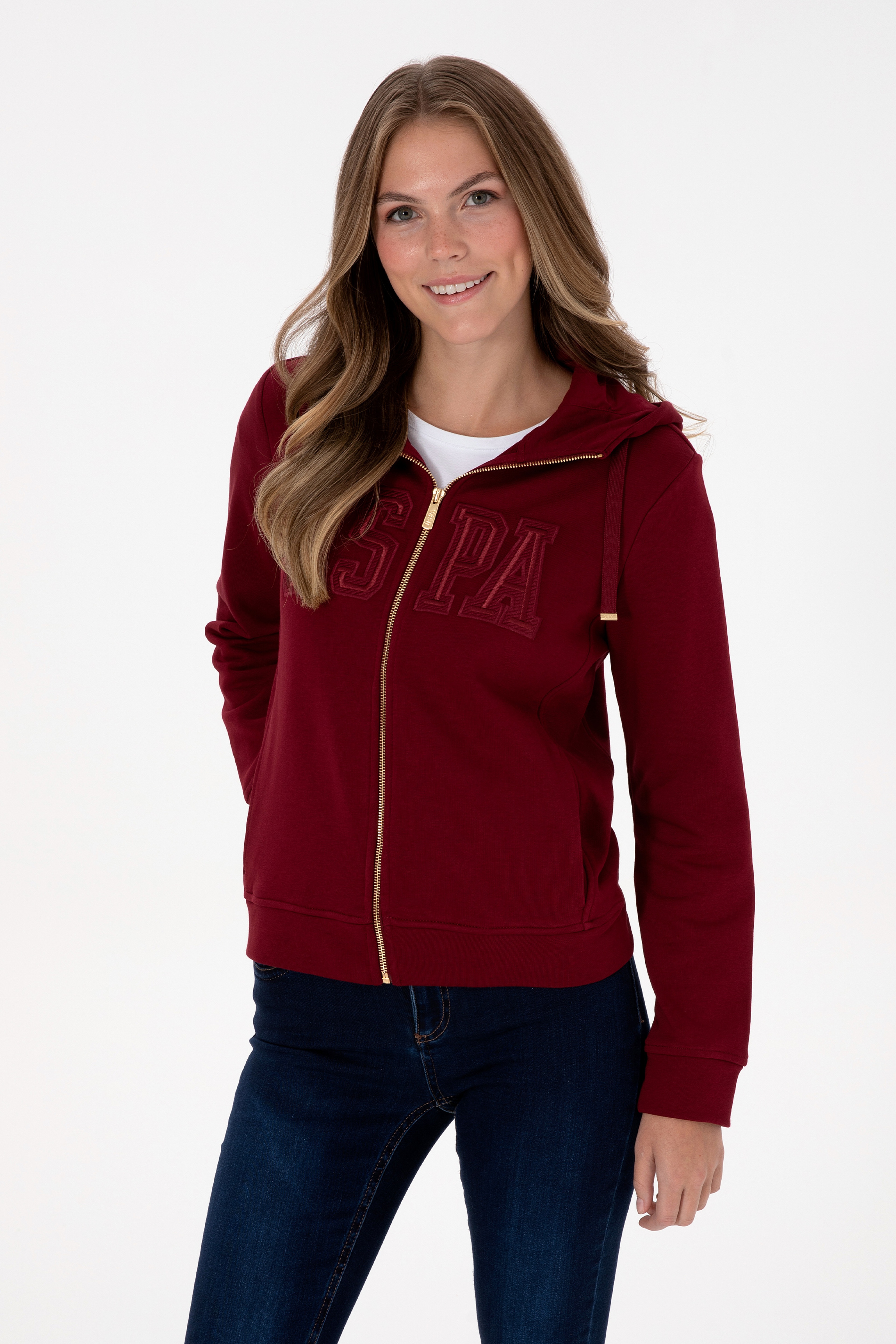 Kadın Bordo Fermuarlı Kapüşonlu Basic Sweatshirt - Image 1