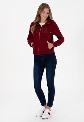 Kadın Bordo Fermuarlı Kapüşonlu Basic Sweatshirt - 50307769031