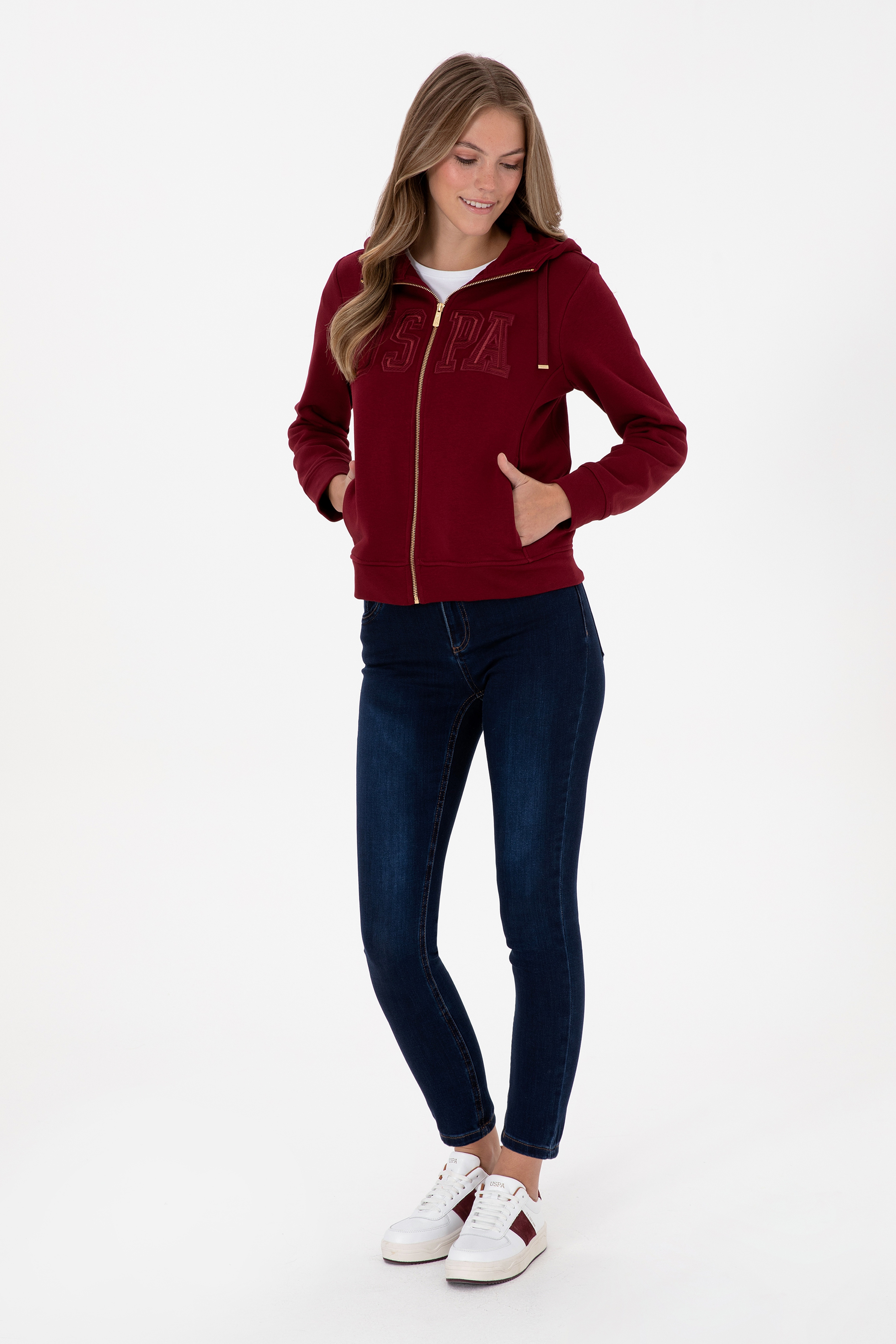 Kadın Bordo Fermuarlı Kapüşonlu Basic Sweatshirt - Image 4