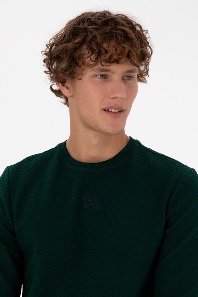 Erkek Regular Fit Bisiklet Yaka Koyu Yeşil Sweatshirt
