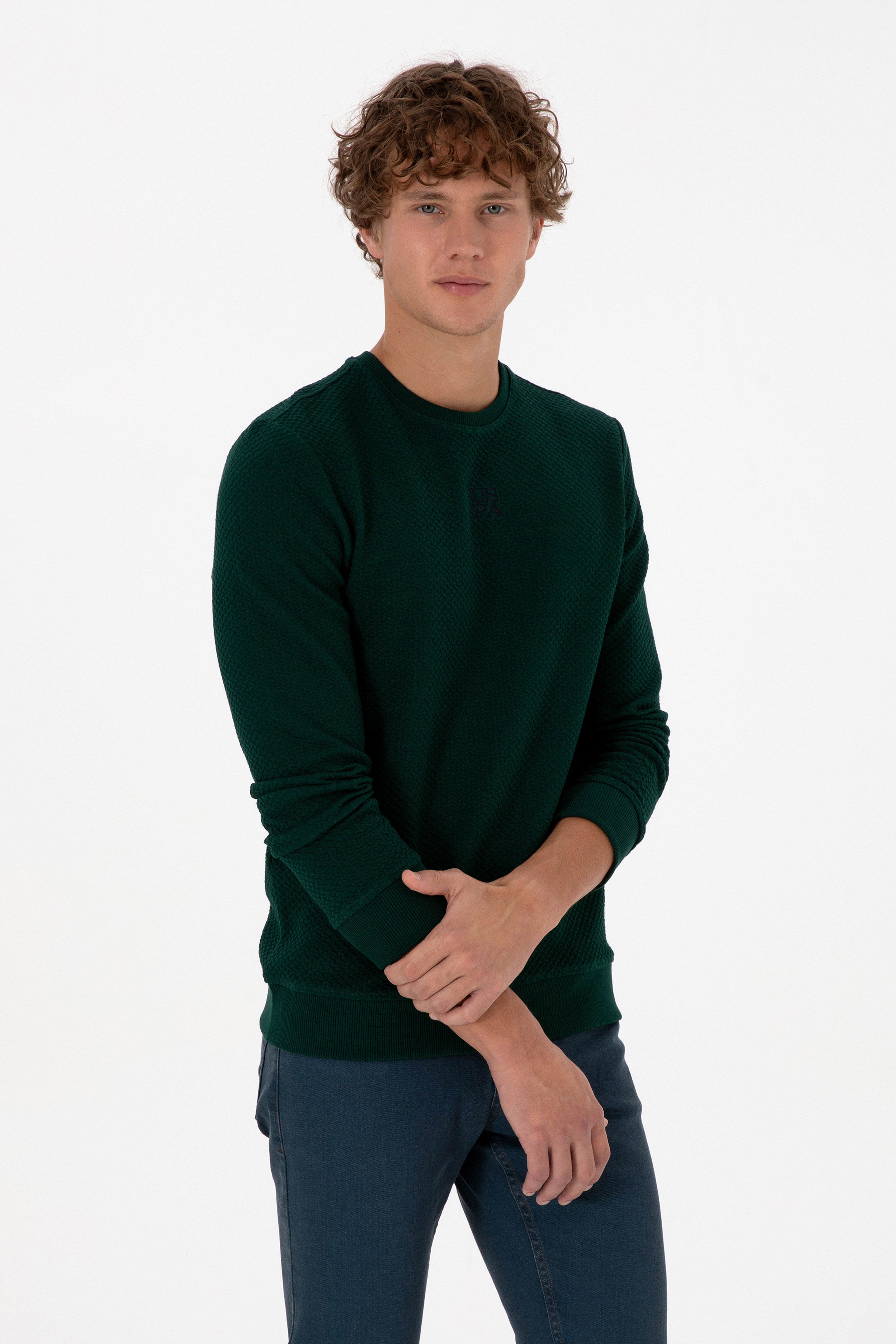 Erkek Regular Fit Bisiklet Yaka Koyu Yeşil Sweatshirt - Image 1