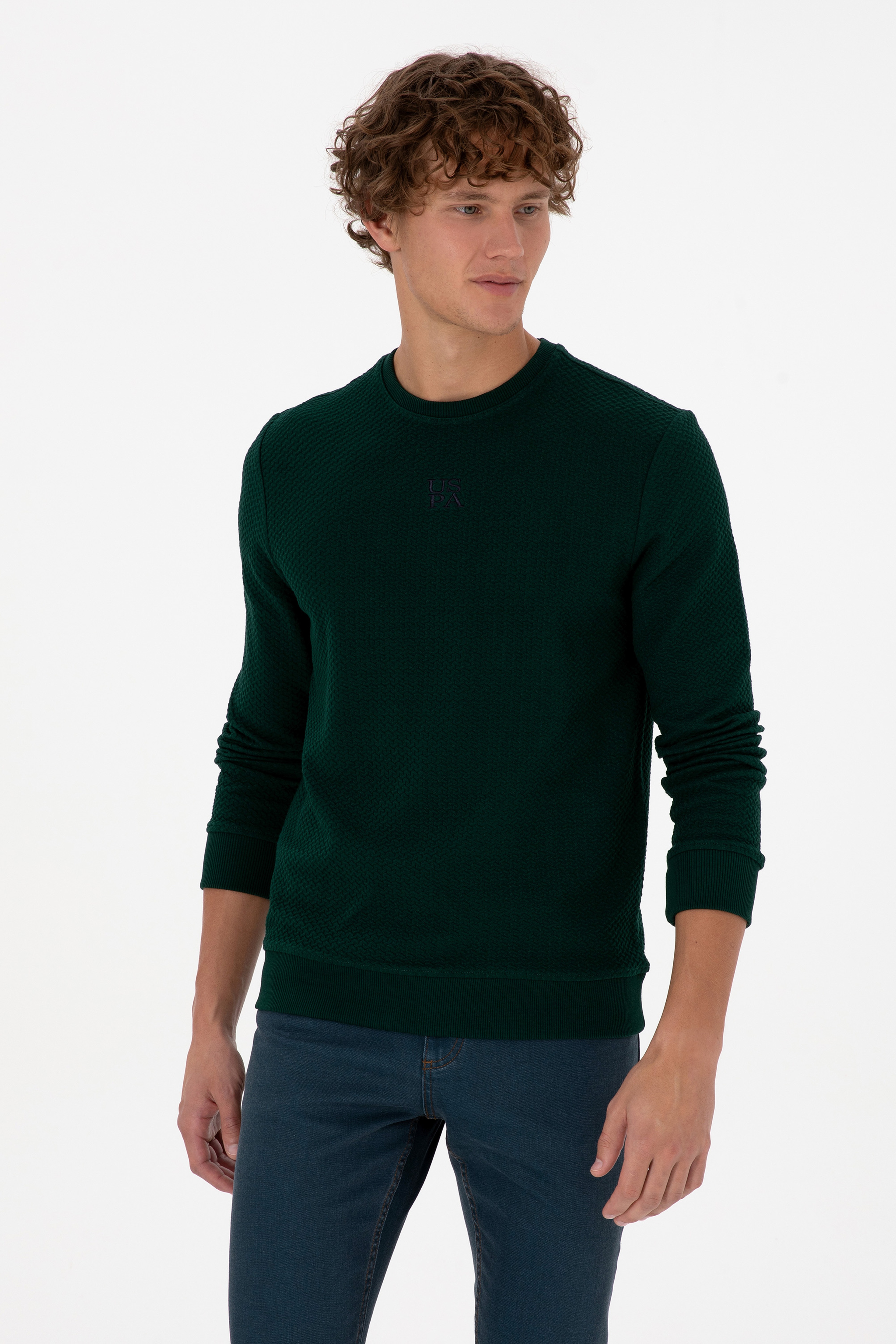Erkek Regular Fit Bisiklet Yaka Koyu Yeşil Sweatshirt