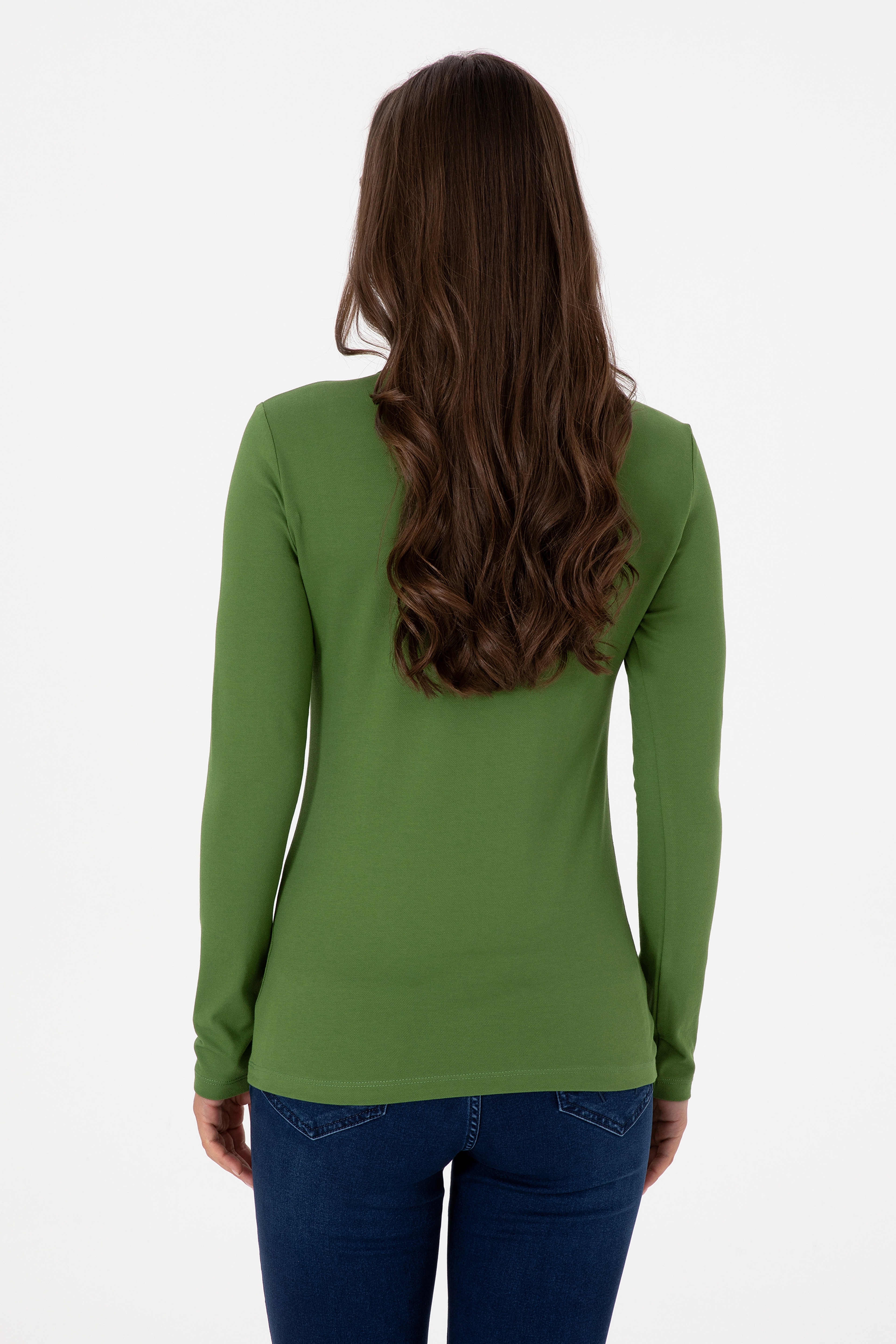 Kadın Yeşil Basic Polo Yaka Sweatshırt - Image 5