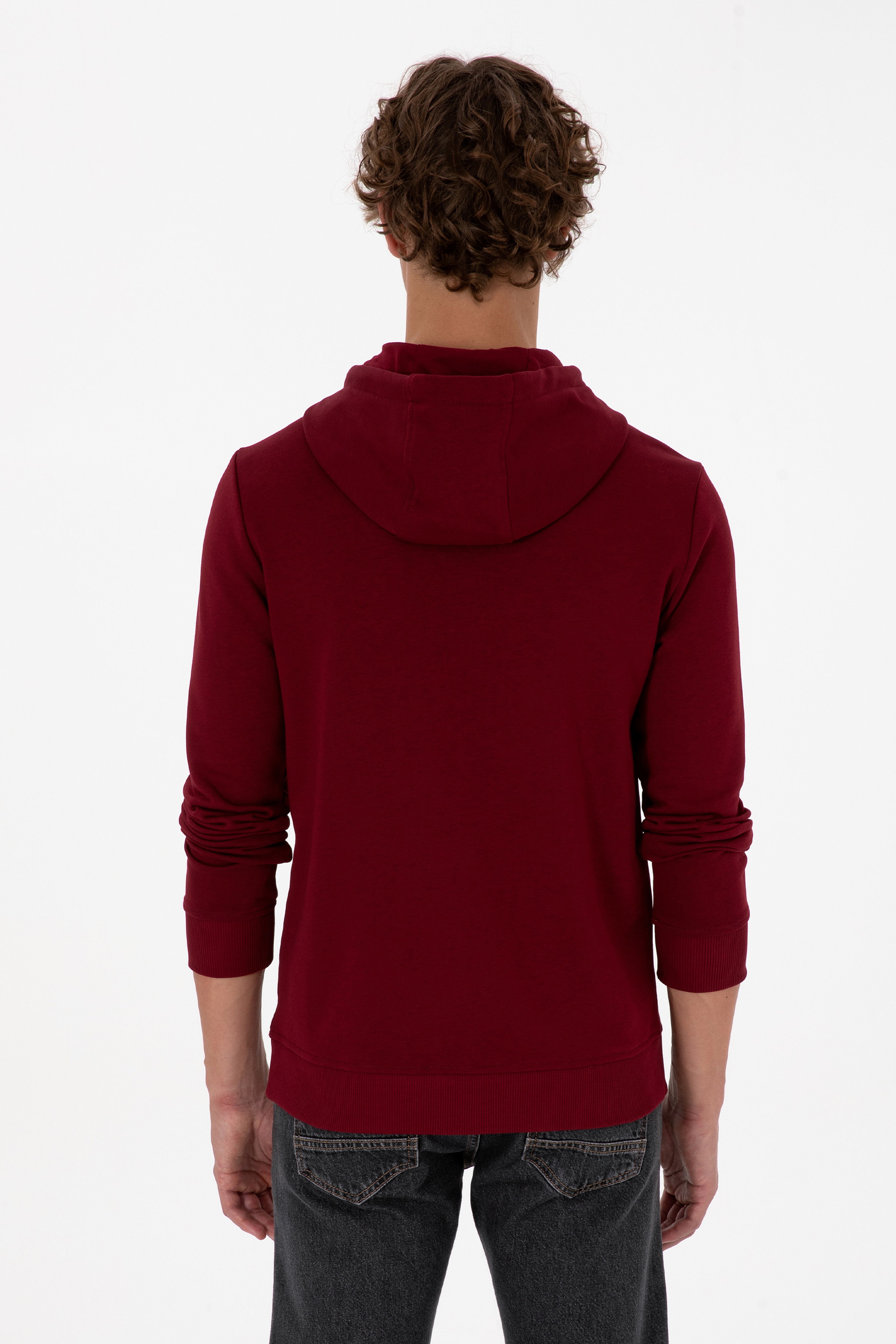 Erkek Regular Fit Kapüşonlu Bordo Basic Sweatshirt - Image 5