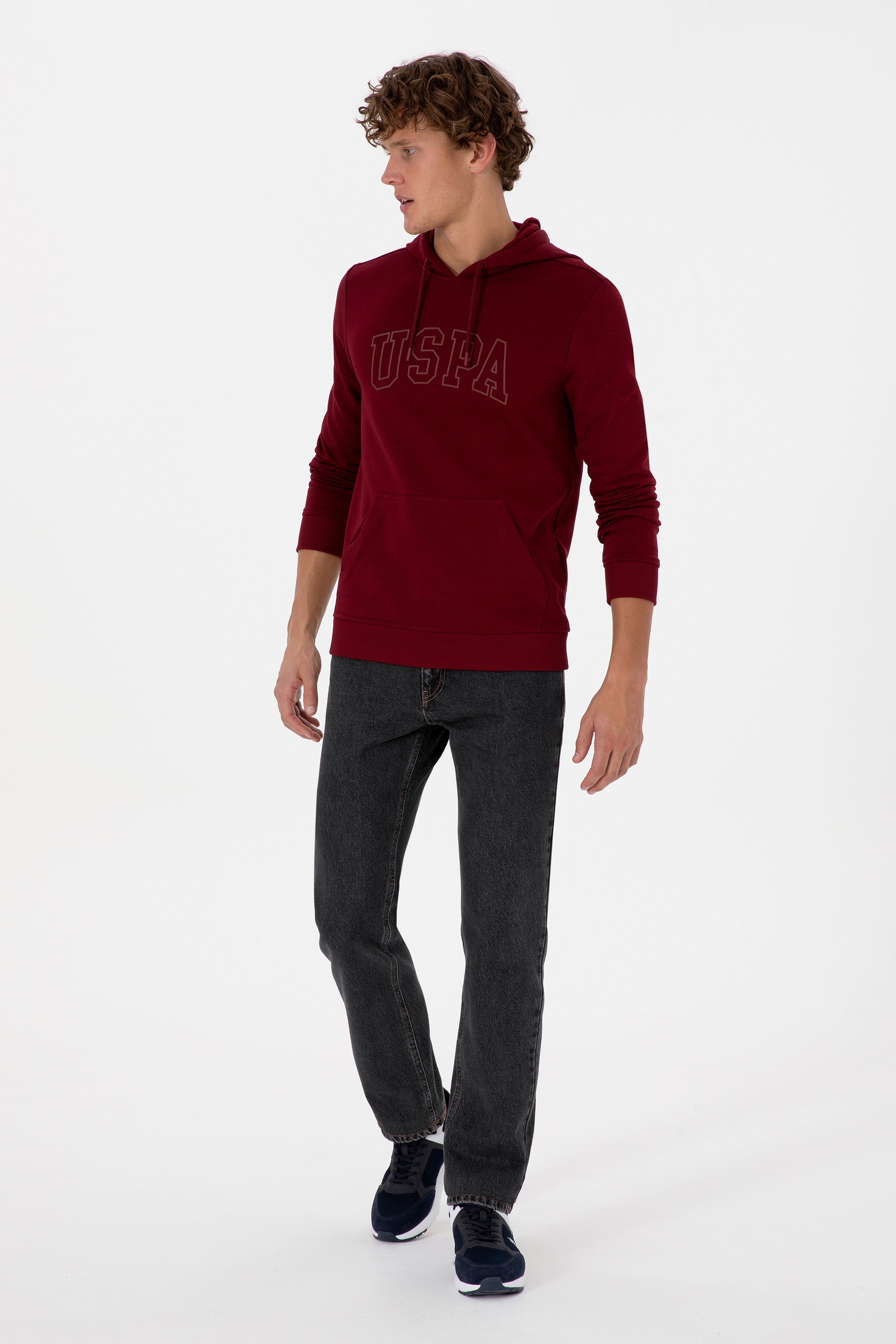 Erkek Regular Fit Kapüşonlu Bordo Basic Sweatshirt - Image 4
