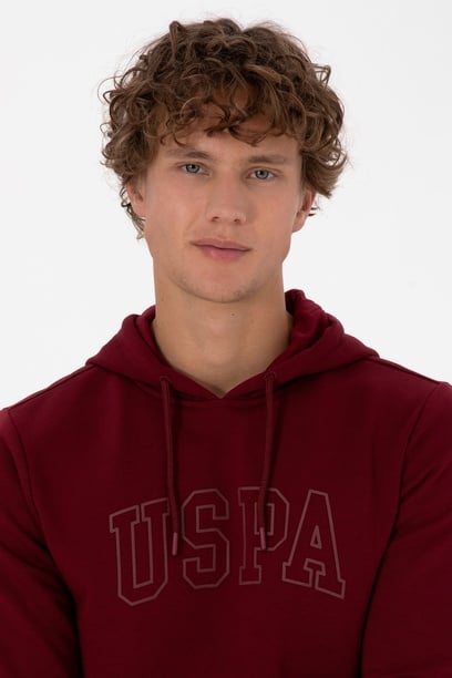 Erkek Regular Fit Kapüşonlu Bordo Basic Sweatshirt