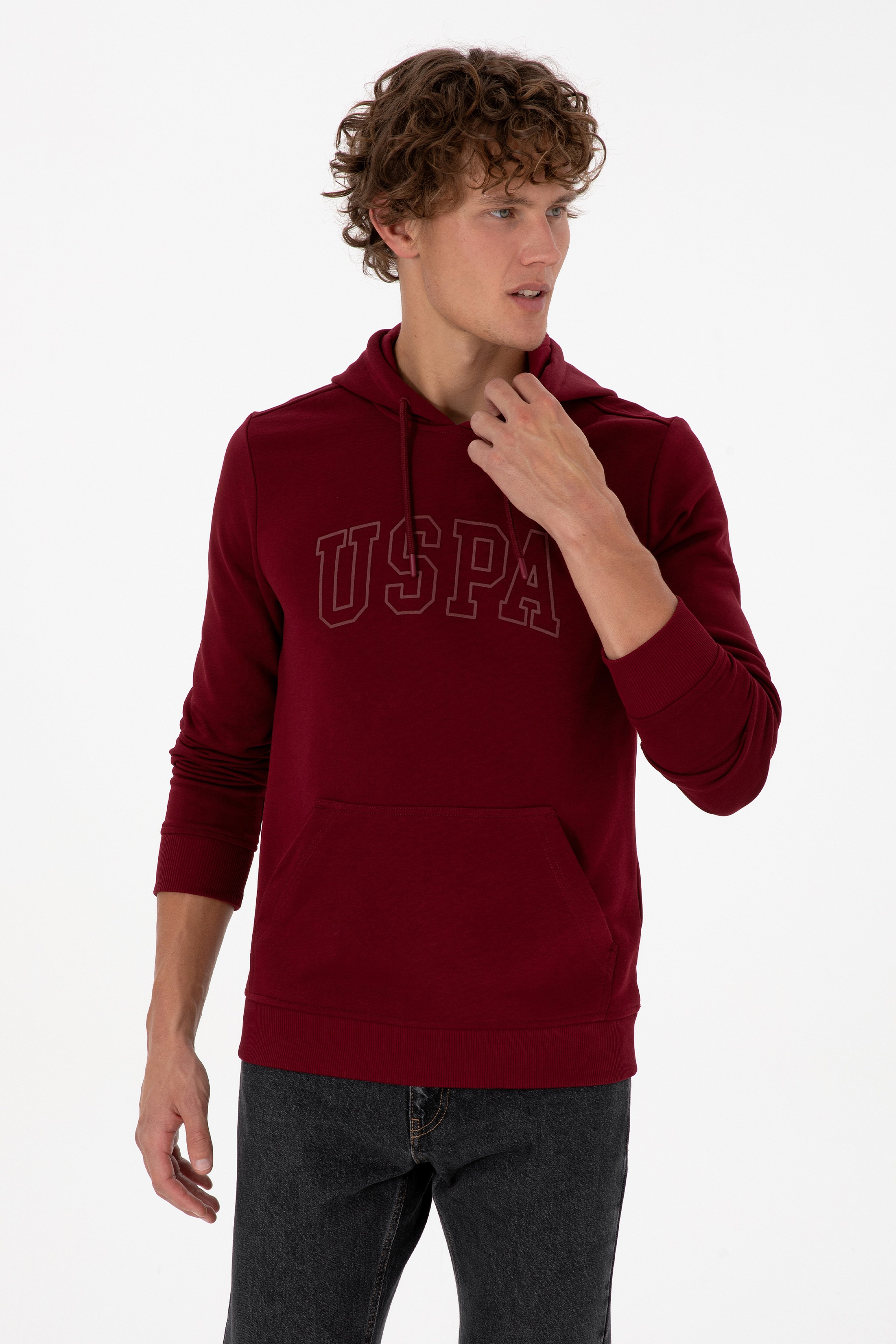 Erkek Regular Fit Kapüşonlu Bordo Basic Sweatshirt - Image 3