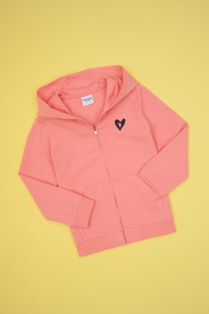 Kız Çocuk Neon Pembe Kapüşonlu Fermuarlı Sweatshirt