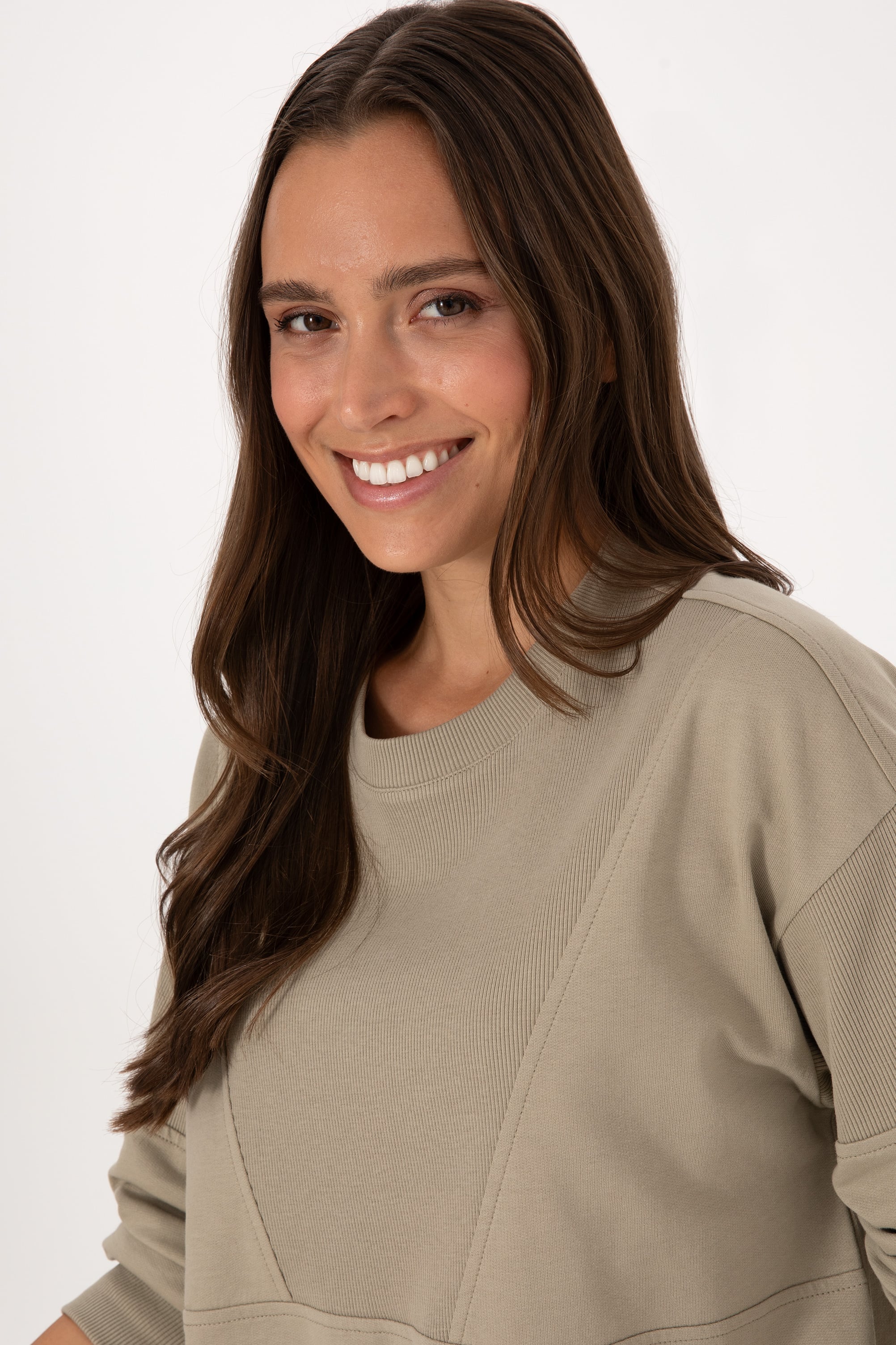 Kadın Açık Haki Pamuklu Bisiklet Yaka Sweatshirt - Image 2
