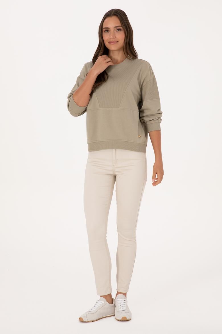 Kadın Açık Haki Pamuklu Bisiklet Yaka Sweatshirt - 50314170015