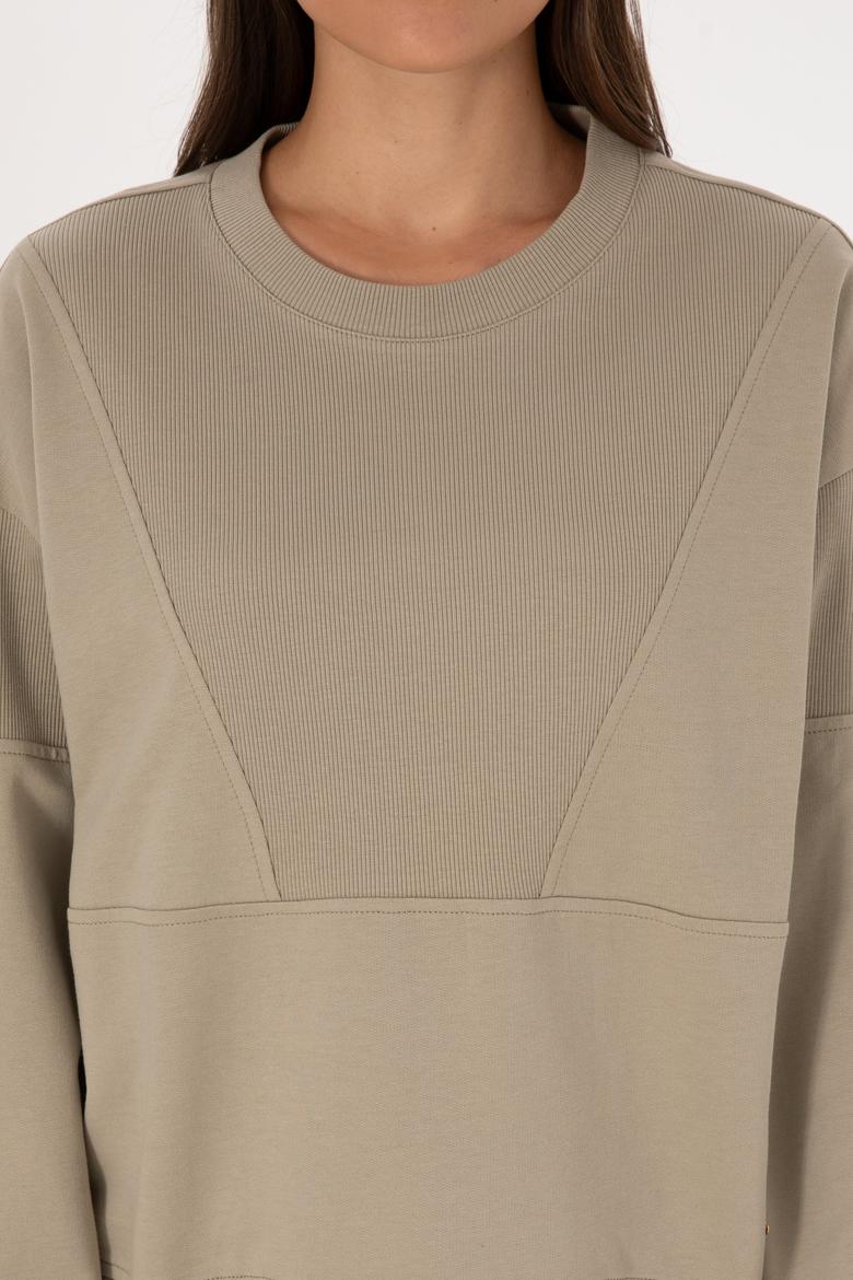 Kadın Açık Haki Pamuklu Bisiklet Yaka Sweatshirt - 50314170015