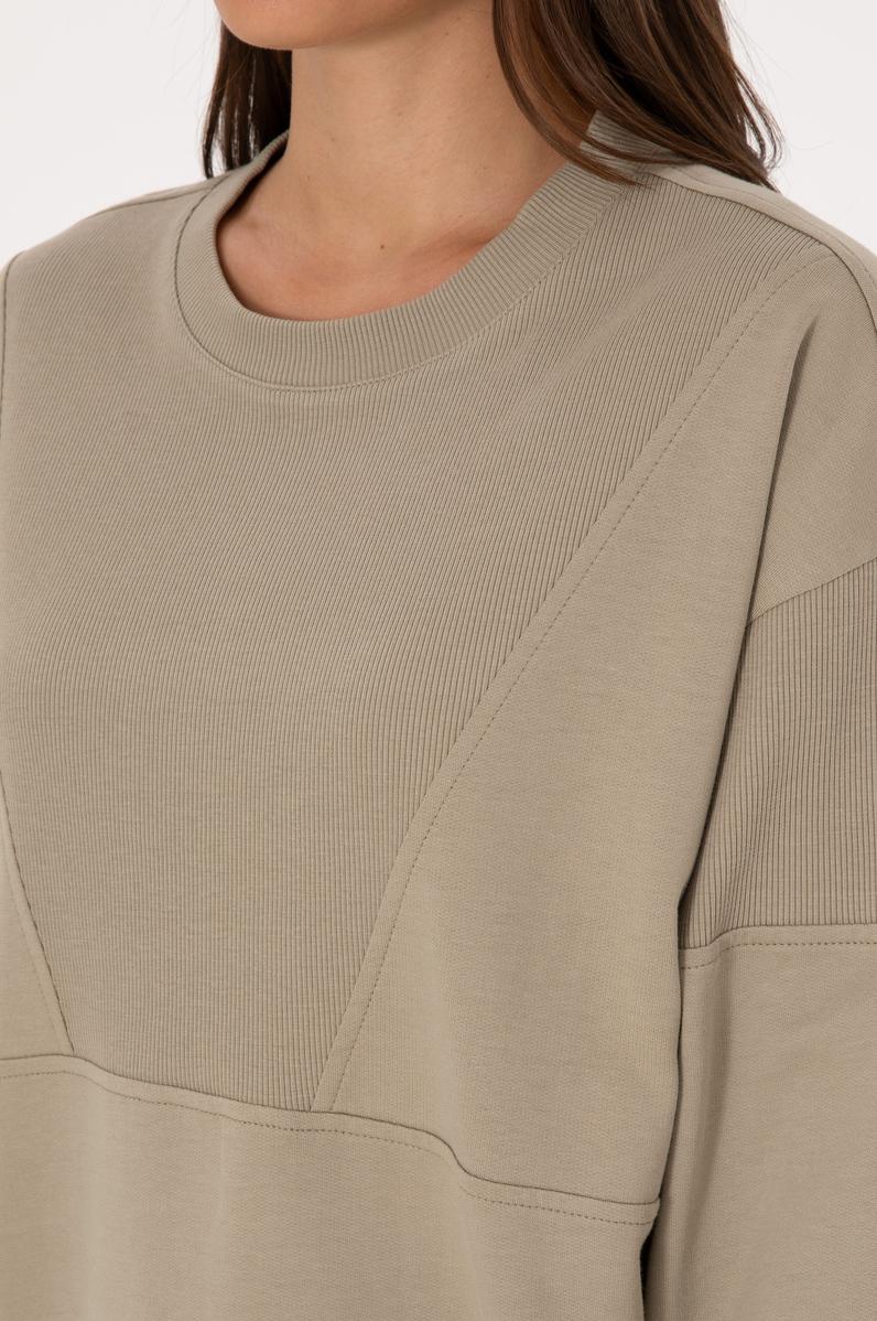 Kadın Açık Haki Pamuklu Bisiklet Yaka Sweatshirt