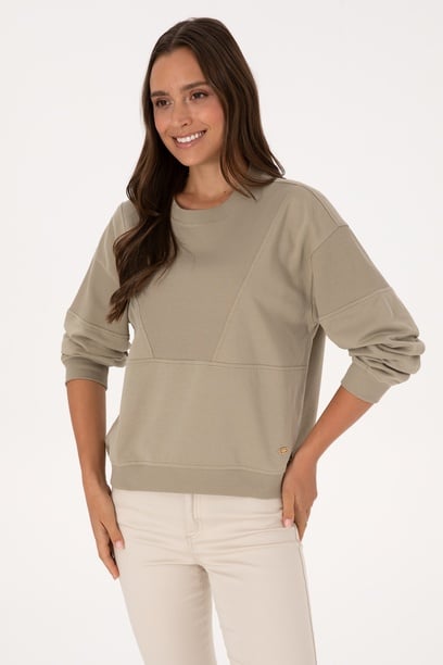 Kadın Açık Haki Pamuklu Bisiklet Yaka Sweatshirt
