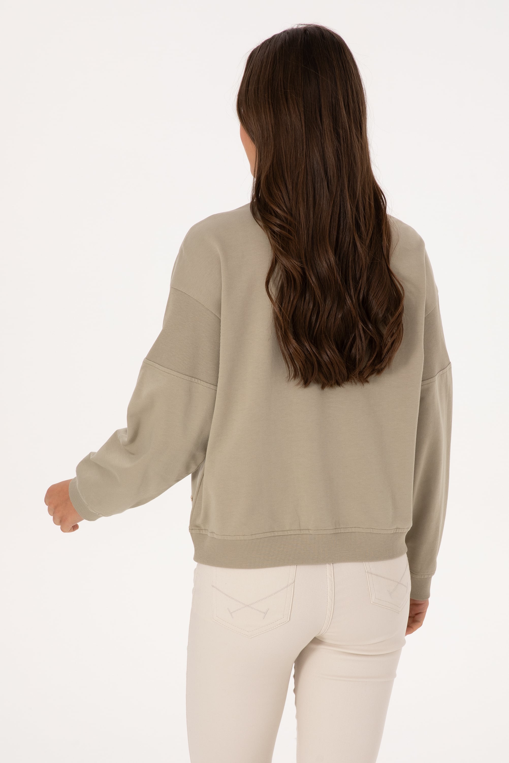 Kadın Açık Haki Pamuklu Bisiklet Yaka Sweatshirt