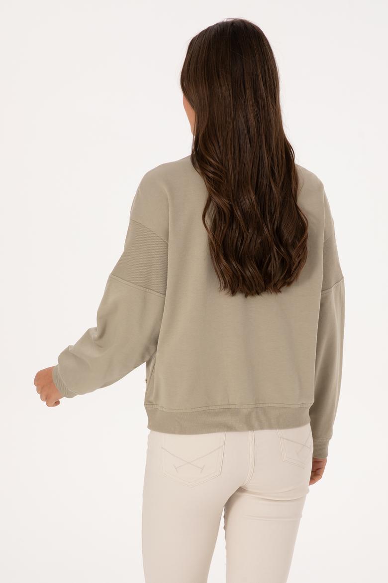 Kadın Açık Haki Pamuklu Bisiklet Yaka Sweatshirt - 50314170015