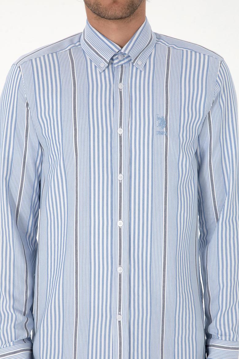 Erkek  Beyaz Çizgili Uzun Kollu Açık Mavi Gömlek - 50316573007