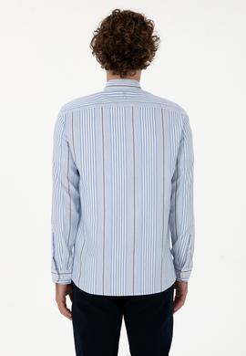 Erkek  Beyaz Çizgili Uzun Kollu Açık Mavi Gömlek - 50316573007