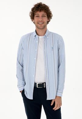 Erkek  Beyaz Çizgili Uzun Kollu Açık Mavi Gömlek - 50316573007