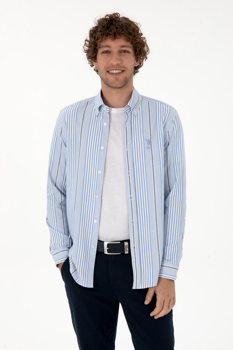 Erkek  Beyaz Çizgili Uzun Kollu Açık Mavi Gömlek - 50316573007