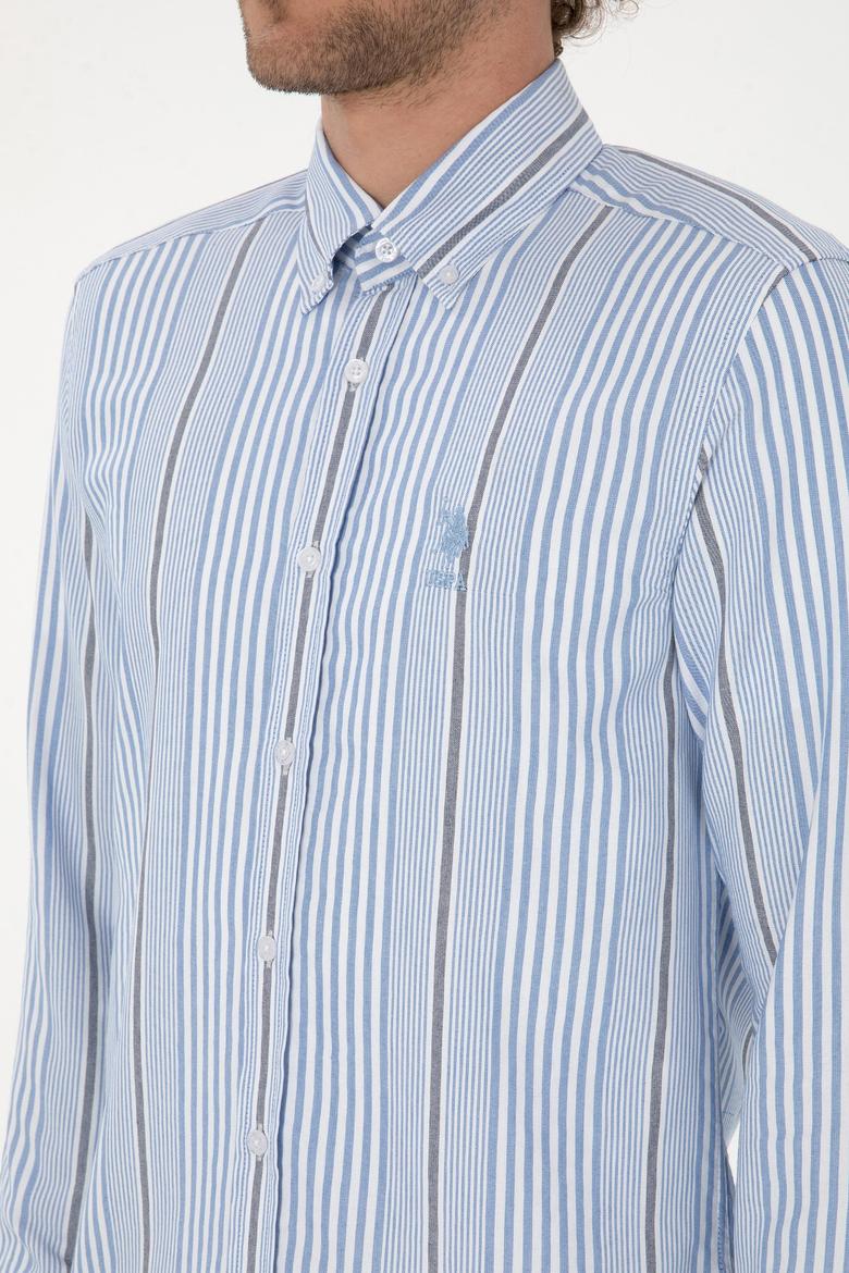 Erkek  Beyaz Çizgili Uzun Kollu Açık Mavi Gömlek - 50316573007