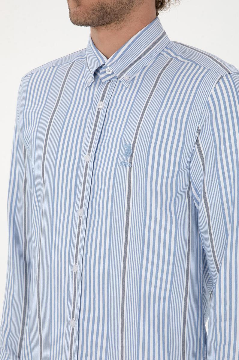 Erkek  Beyaz Çizgili Uzun Kollu Açık Mavi Gömlek