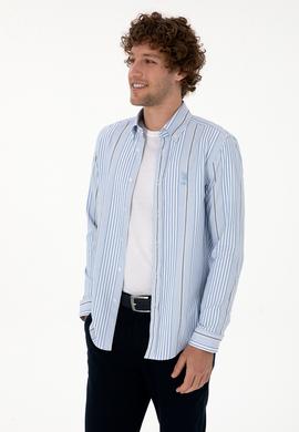 Erkek  Beyaz Çizgili Uzun Kollu Açık Mavi Gömlek - 50316573007