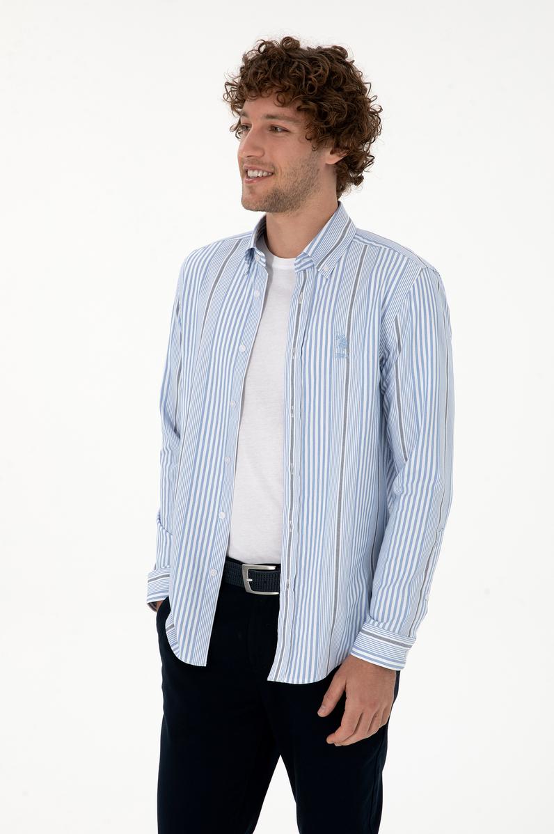 Erkek  Beyaz Çizgili Uzun Kollu Açık Mavi Gömlek