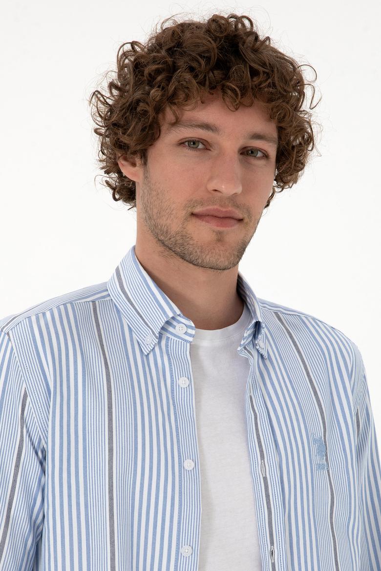 Erkek  Beyaz Çizgili Uzun Kollu Açık Mavi Gömlek - 50316573007