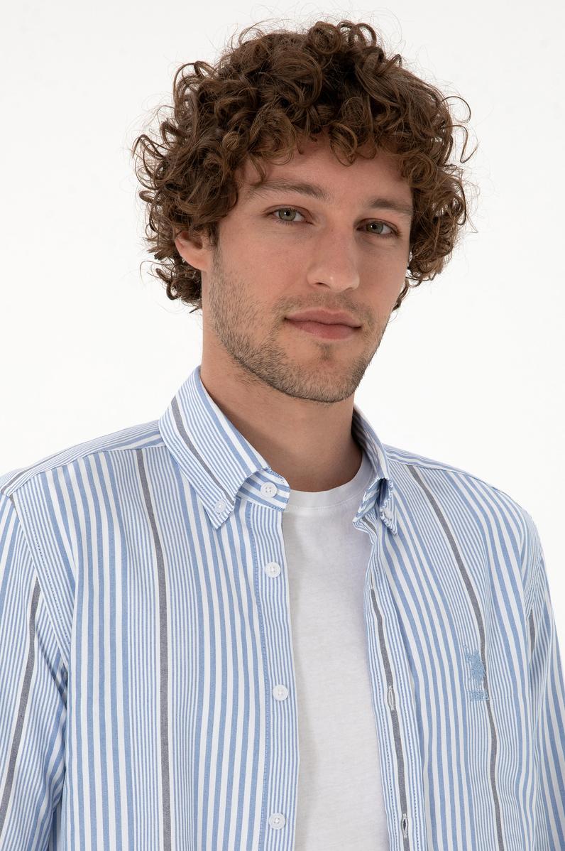 Erkek  Beyaz Çizgili Uzun Kollu Açık Mavi Gömlek