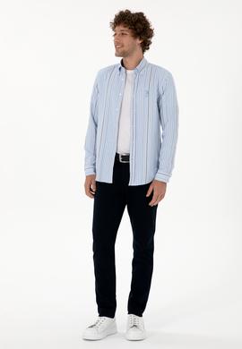 Erkek  Beyaz Çizgili Uzun Kollu Açık Mavi Gömlek - 50316573007