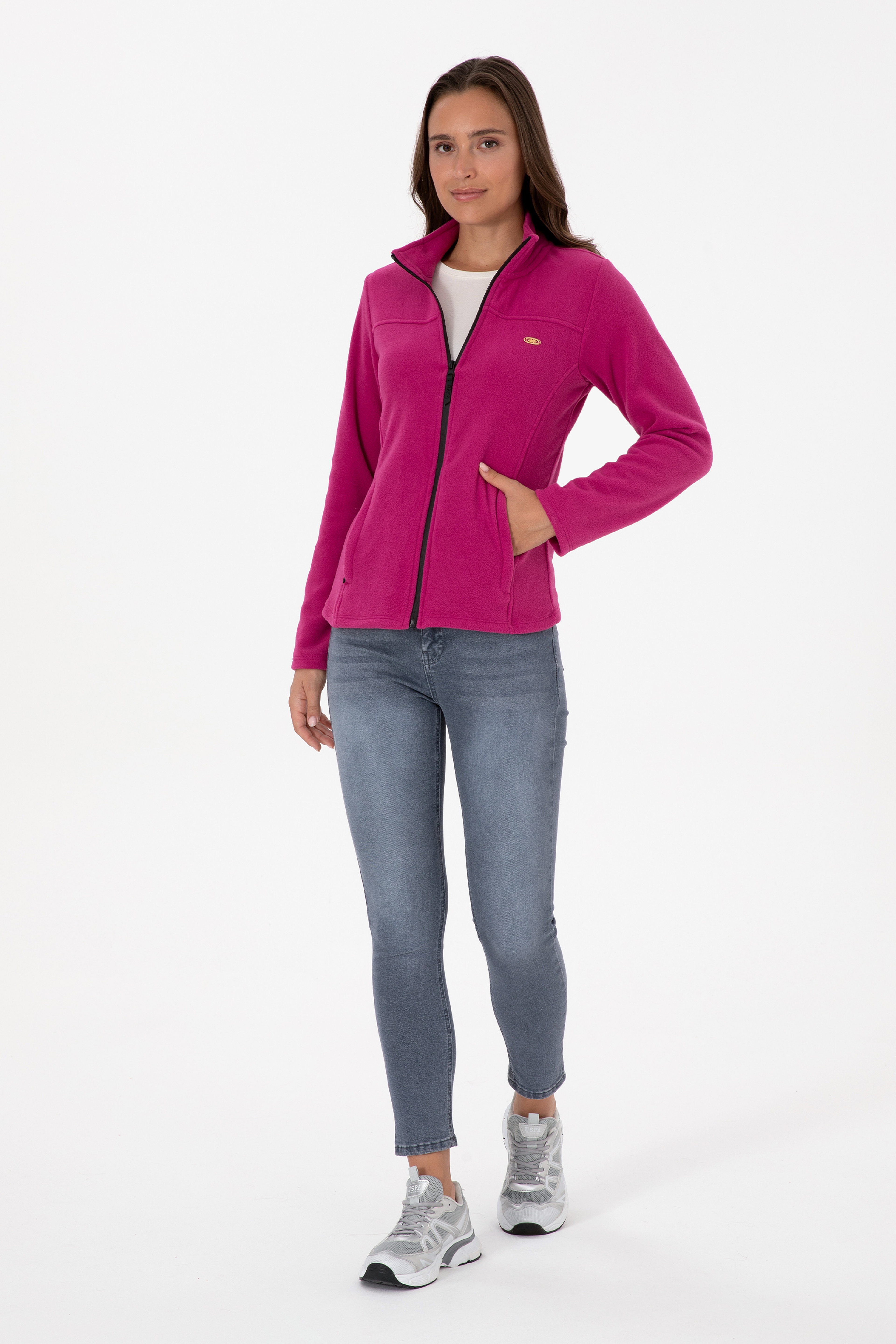 Kadın Fuşya Fermuarlı Dik Yaka Polar Sweatshirt - Image 4