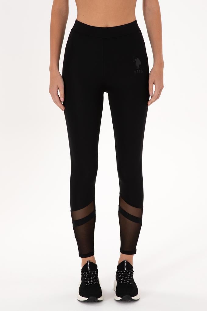 Kadın Siyah Yüksek Bel Tül Detaylı Spor Tayt