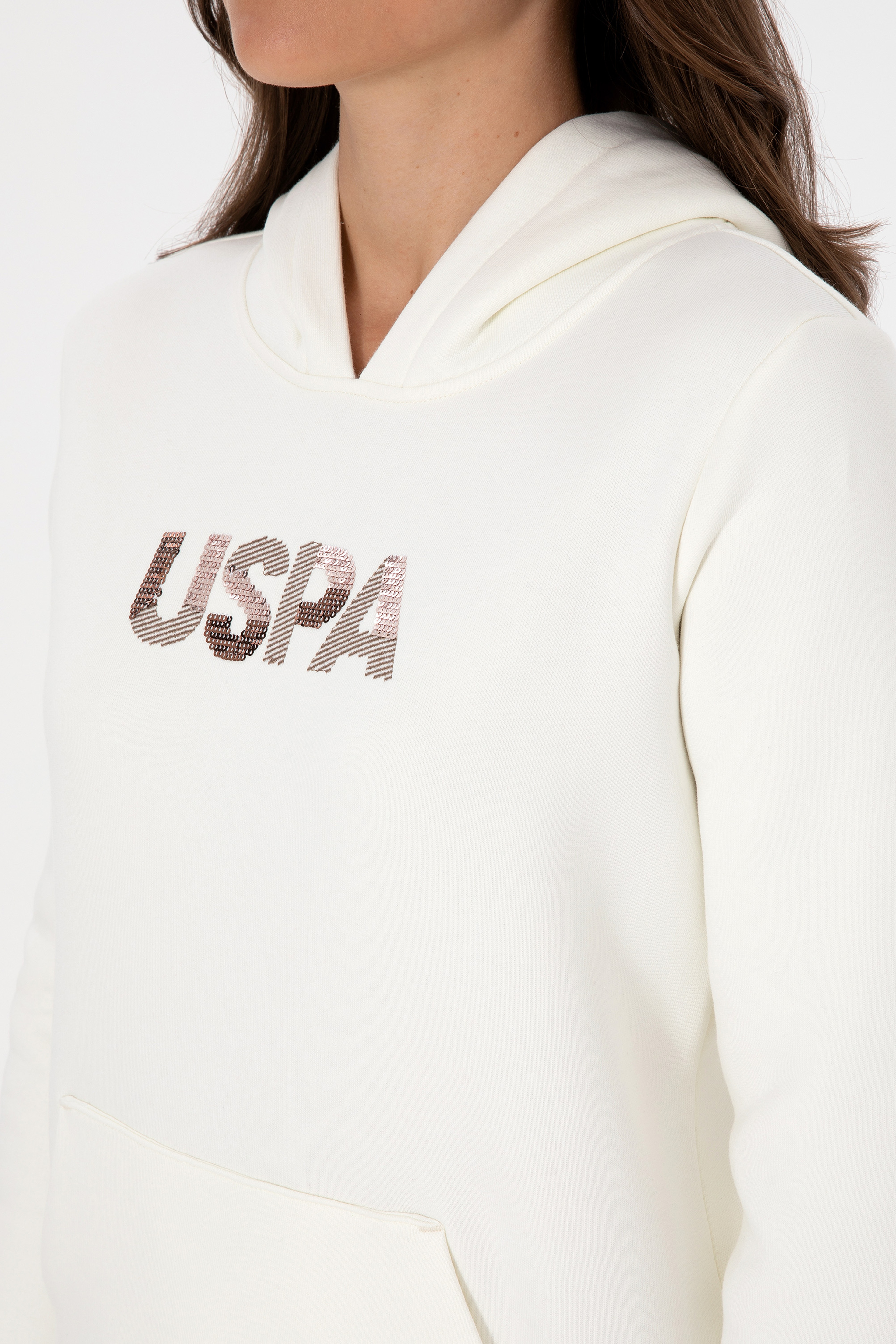 Kadın Krem Kapüşonlu Basic Sweatshirt - Image 7