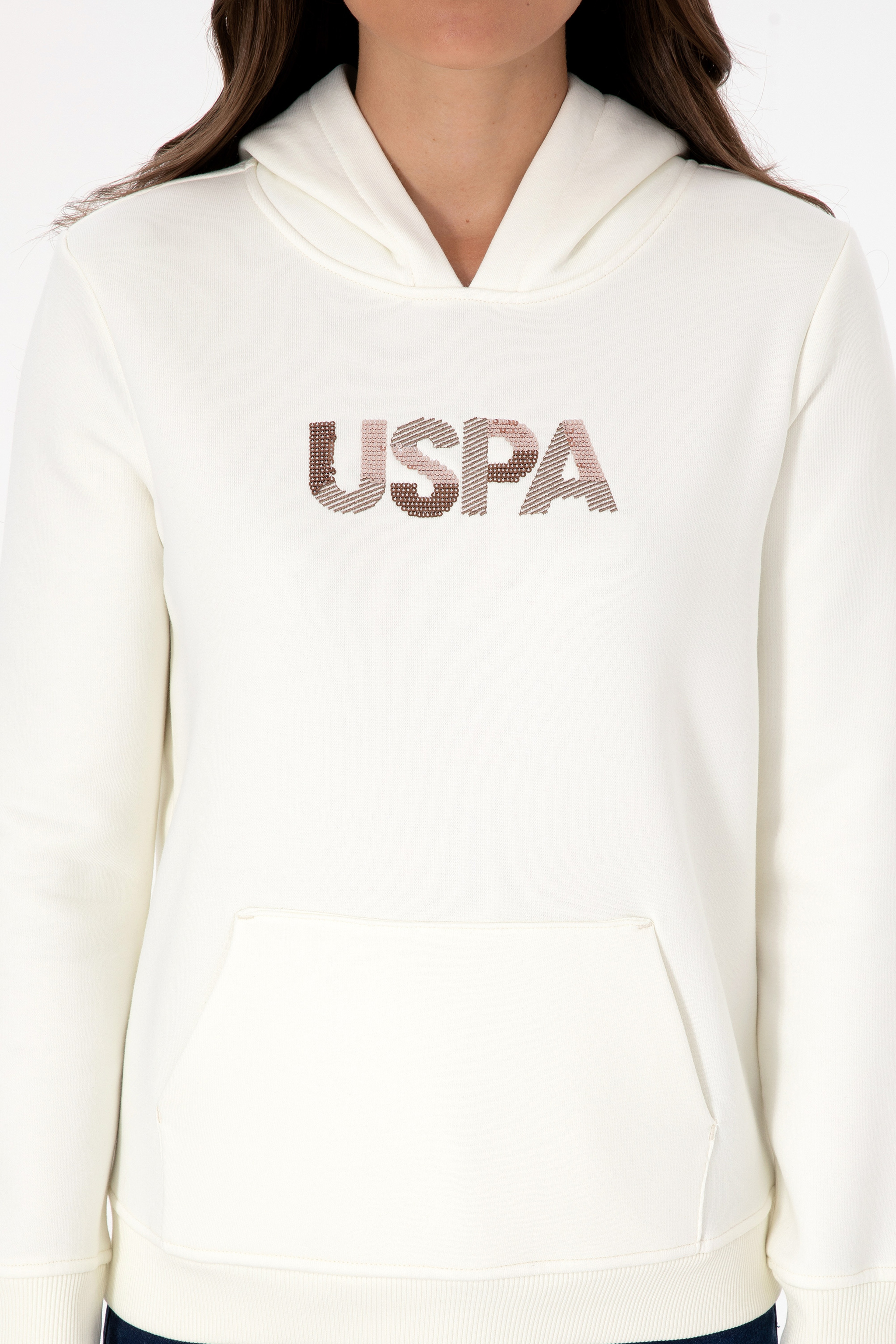 Kadın Krem Kapüşonlu Basic Sweatshirt - Image 6