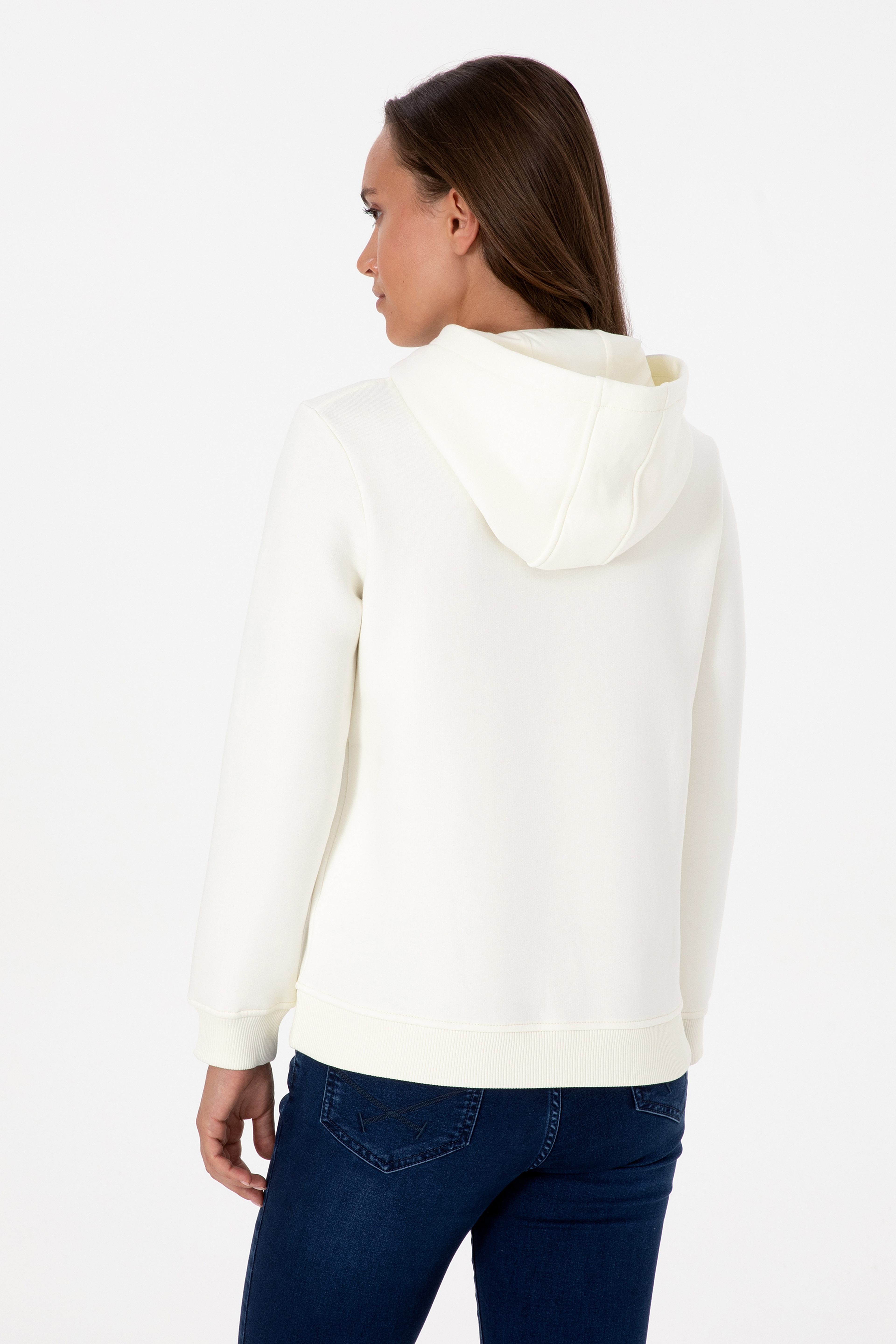 Kadın Krem Kapüşonlu Basic Sweatshirt - Image 5