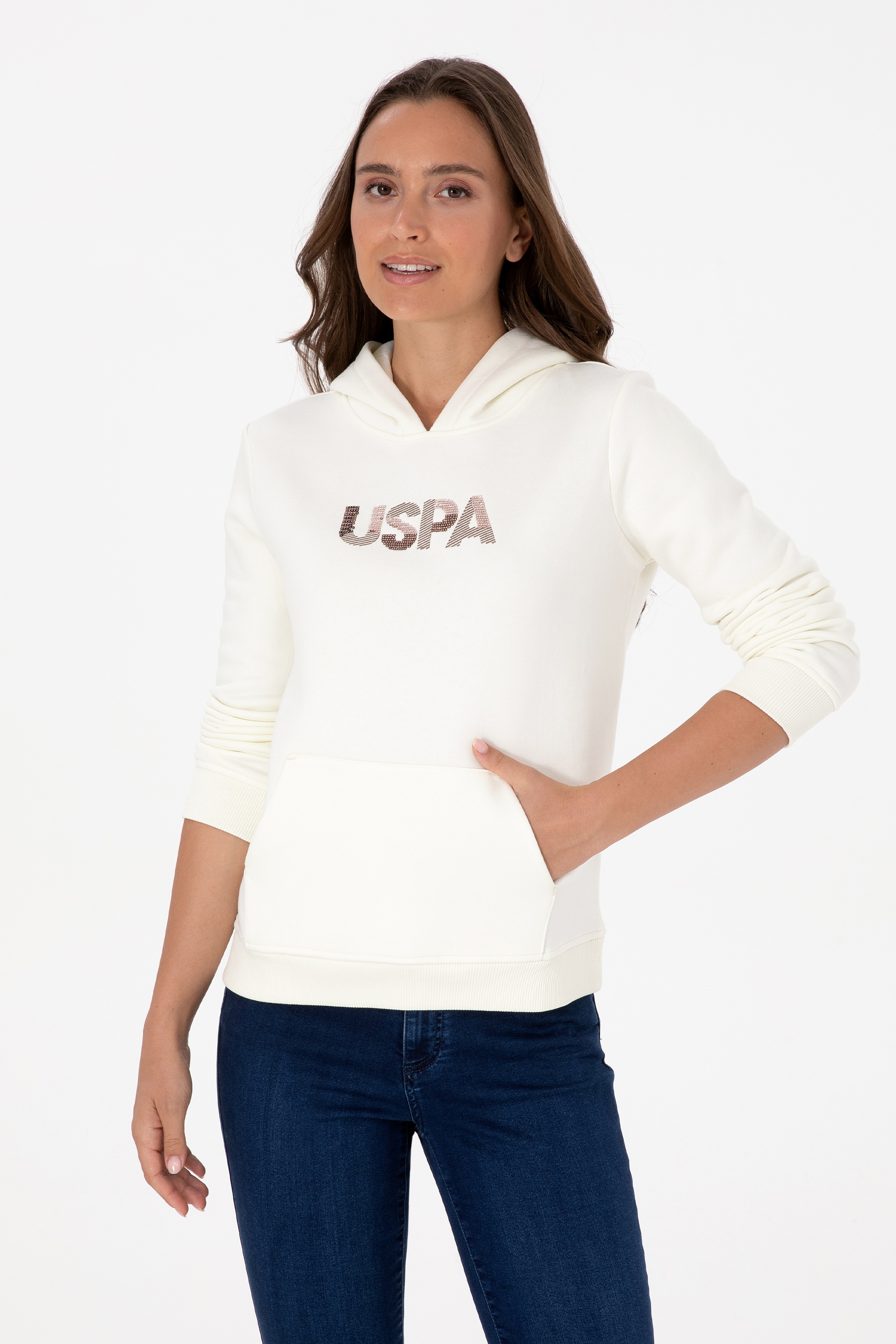 Kadın Krem Kapüşonlu Basic Sweatshirt