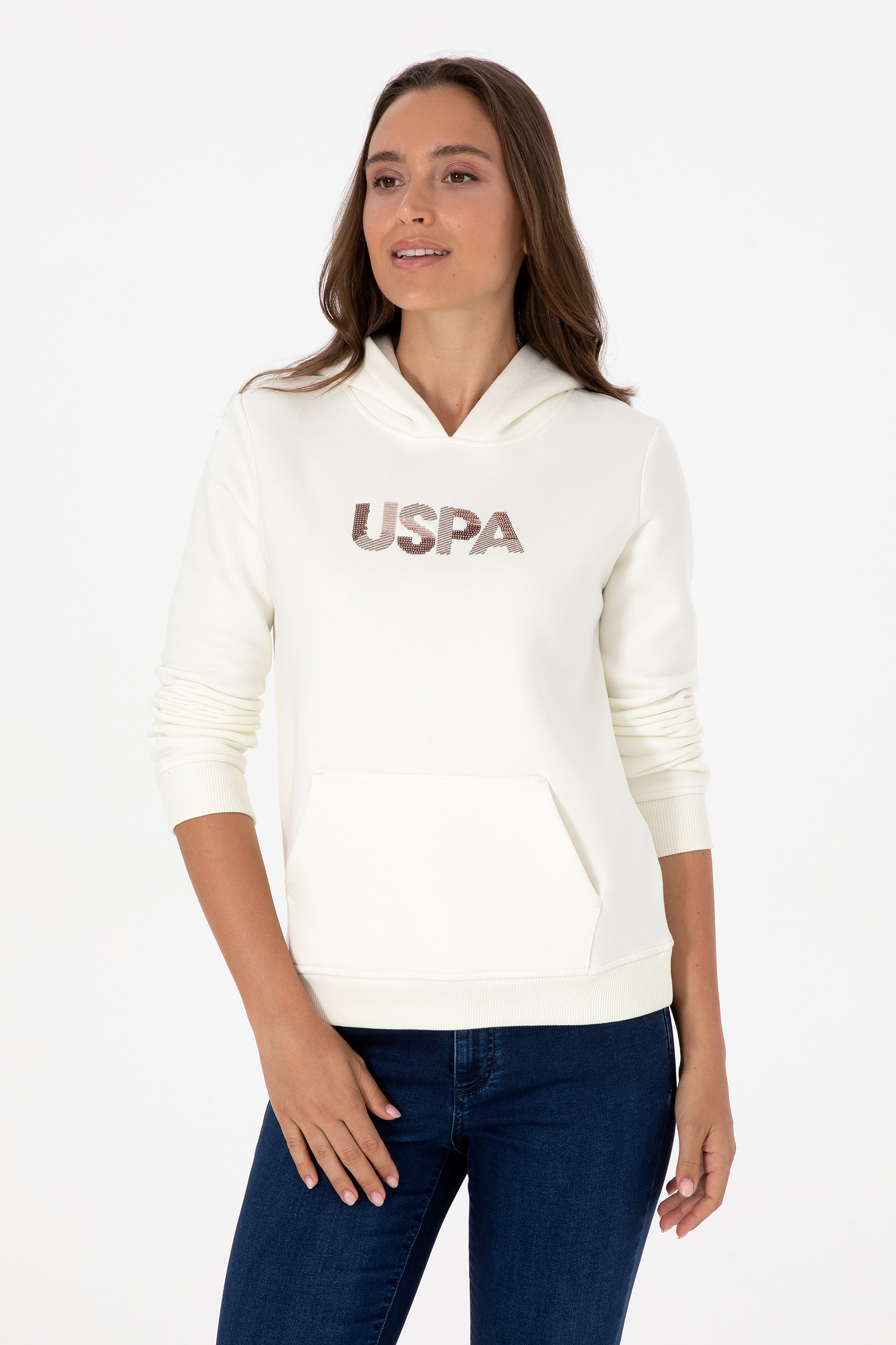 Kadın Krem Kapüşonlu Basic Sweatshirt - Image 3