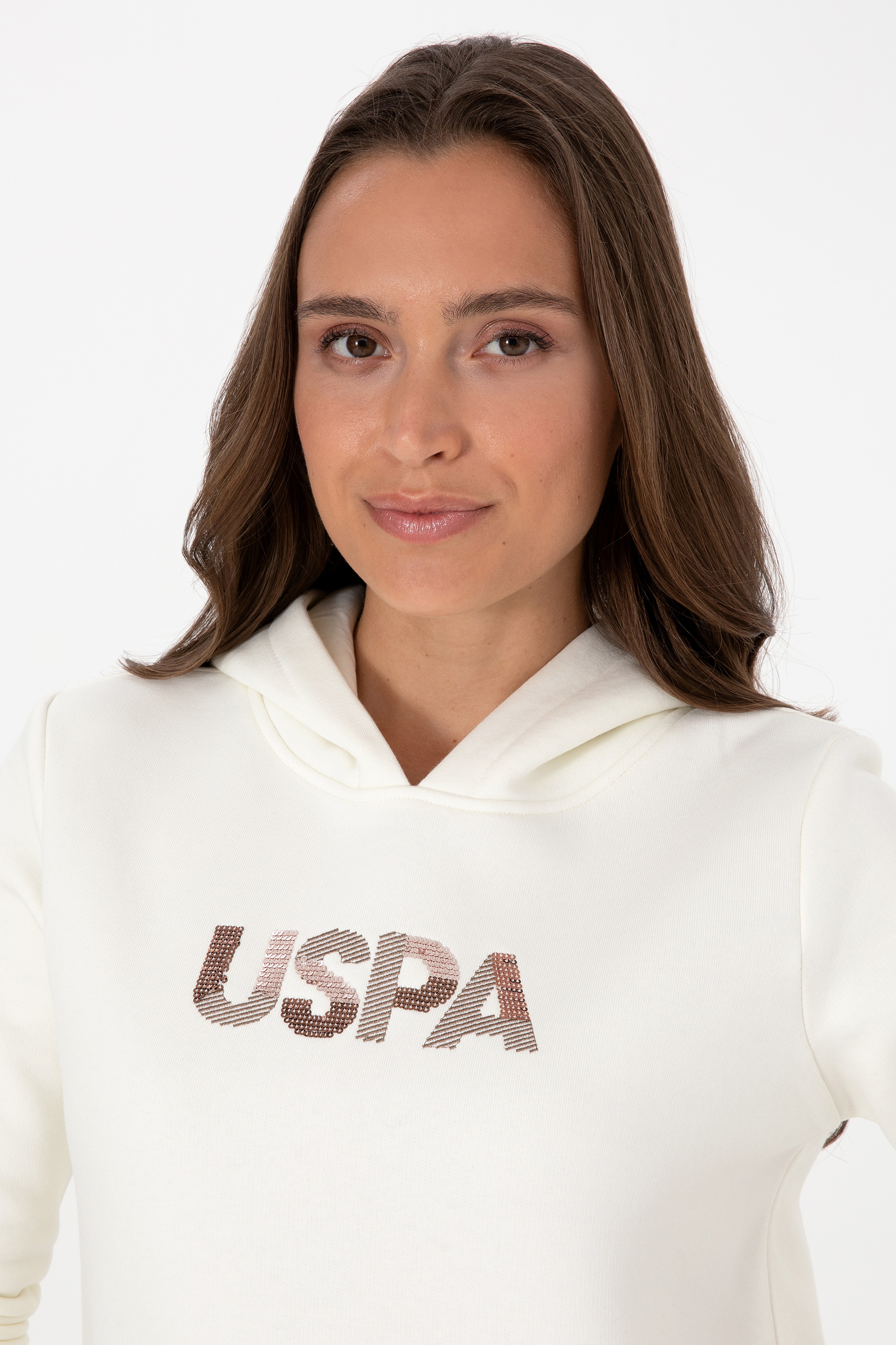 Kadın Krem Kapüşonlu Basic Sweatshirt - Image 2