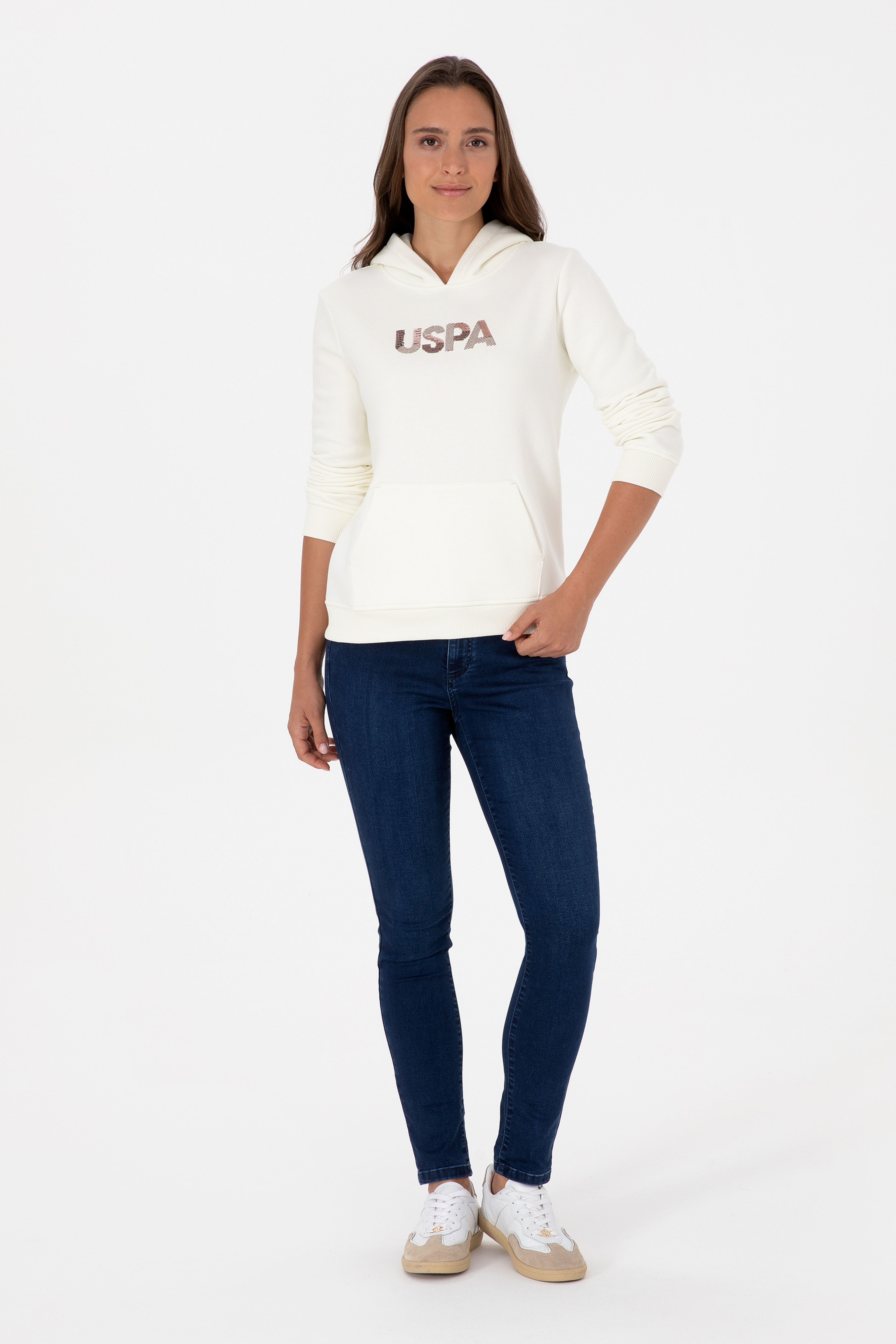 Kadın Krem Kapüşonlu Basic Sweatshirt - Image 4