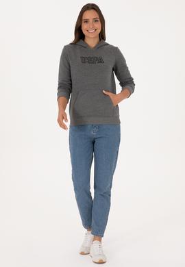 Kadın Antrasit Melanj Şardonlu Kapüşonlu Basic Sweatshirt - 50313566029